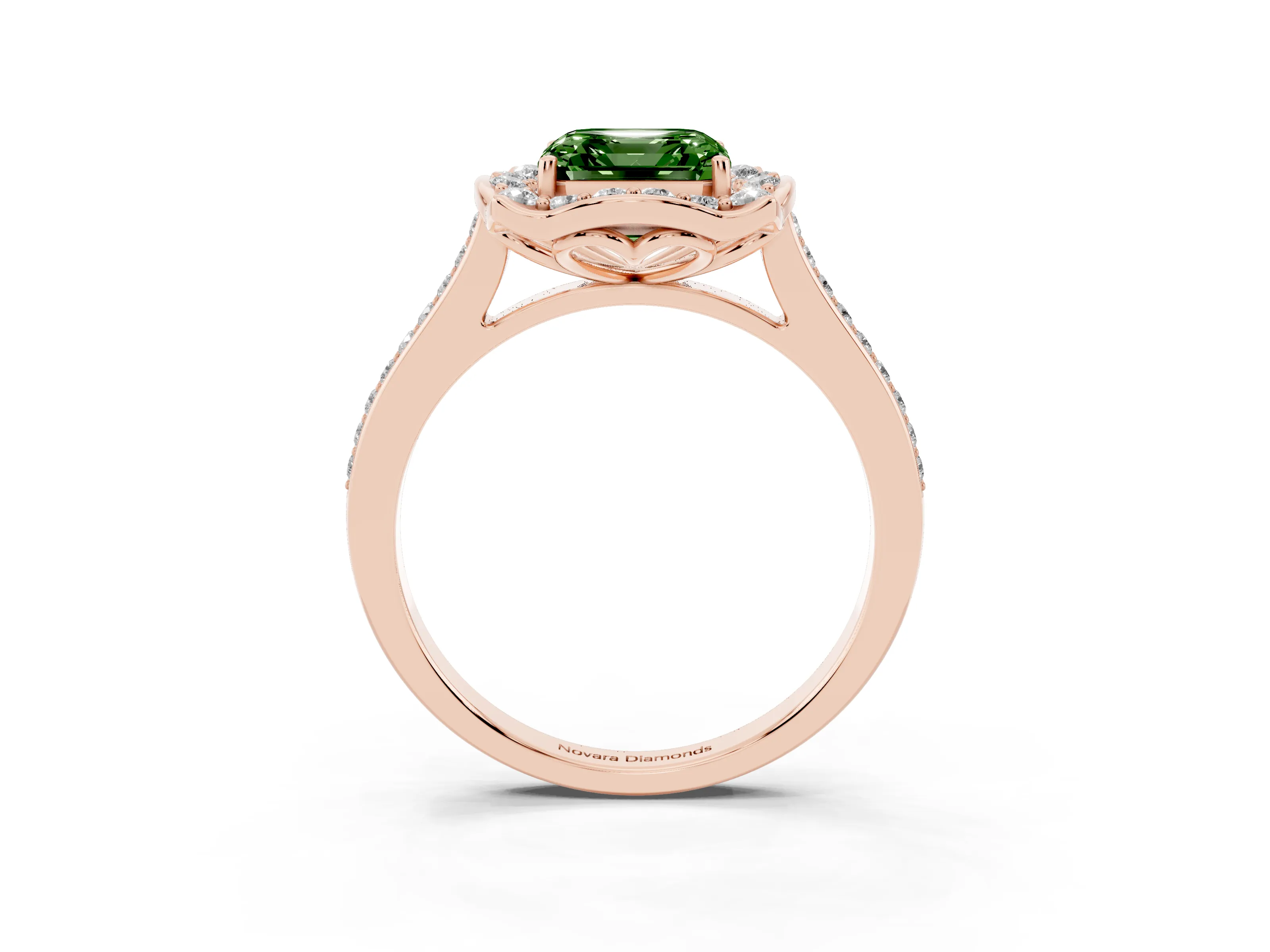 Fancy Green Asscher Cut Diamond Halo Ring Set in Rose gold with Pavé-Lined Shoulders and Prong Setting