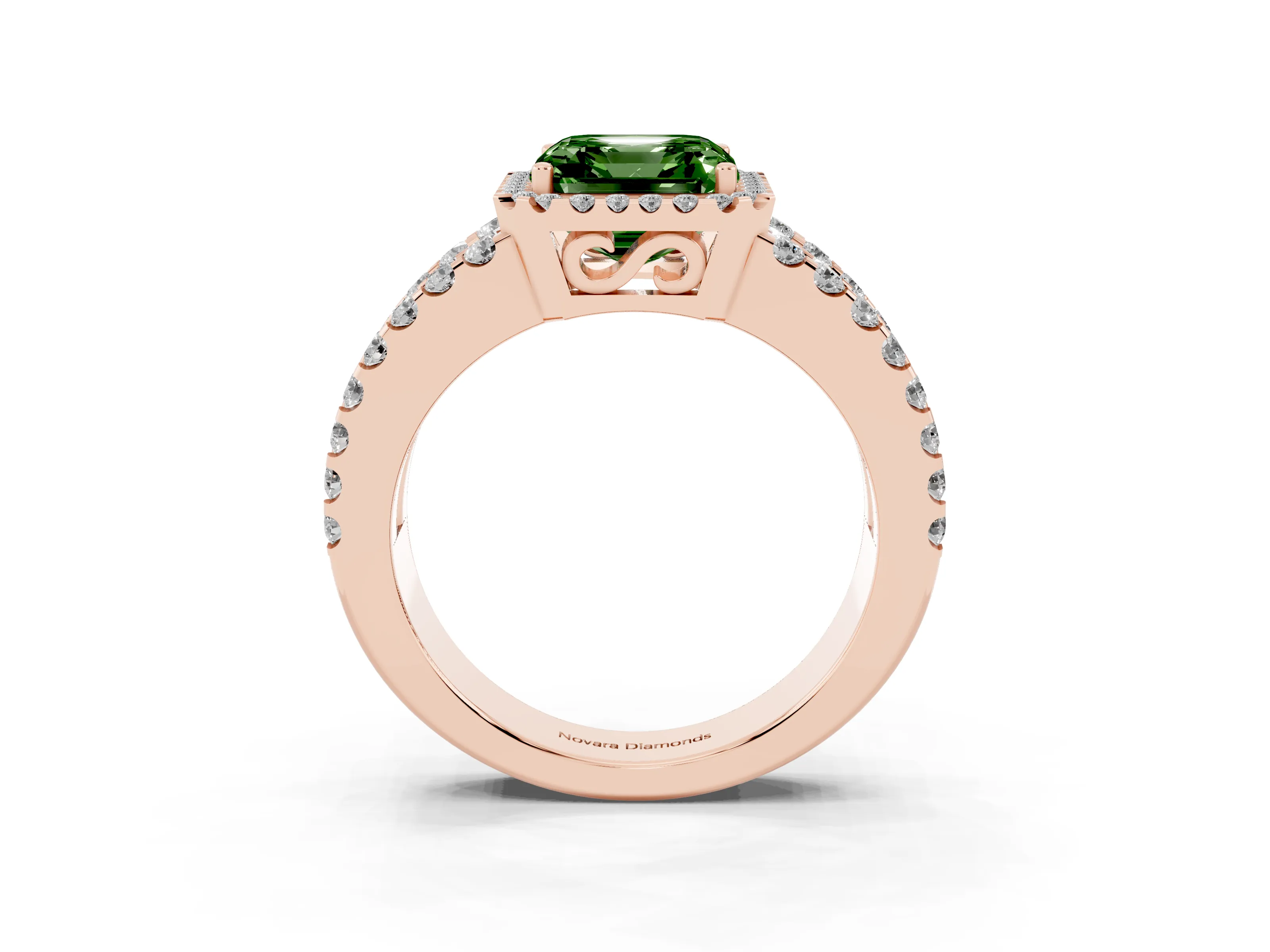 Fancy Green Asscher Cut Diamond Halo Ring Set in Rose gold with Pavé Split Shank and Prong Setting