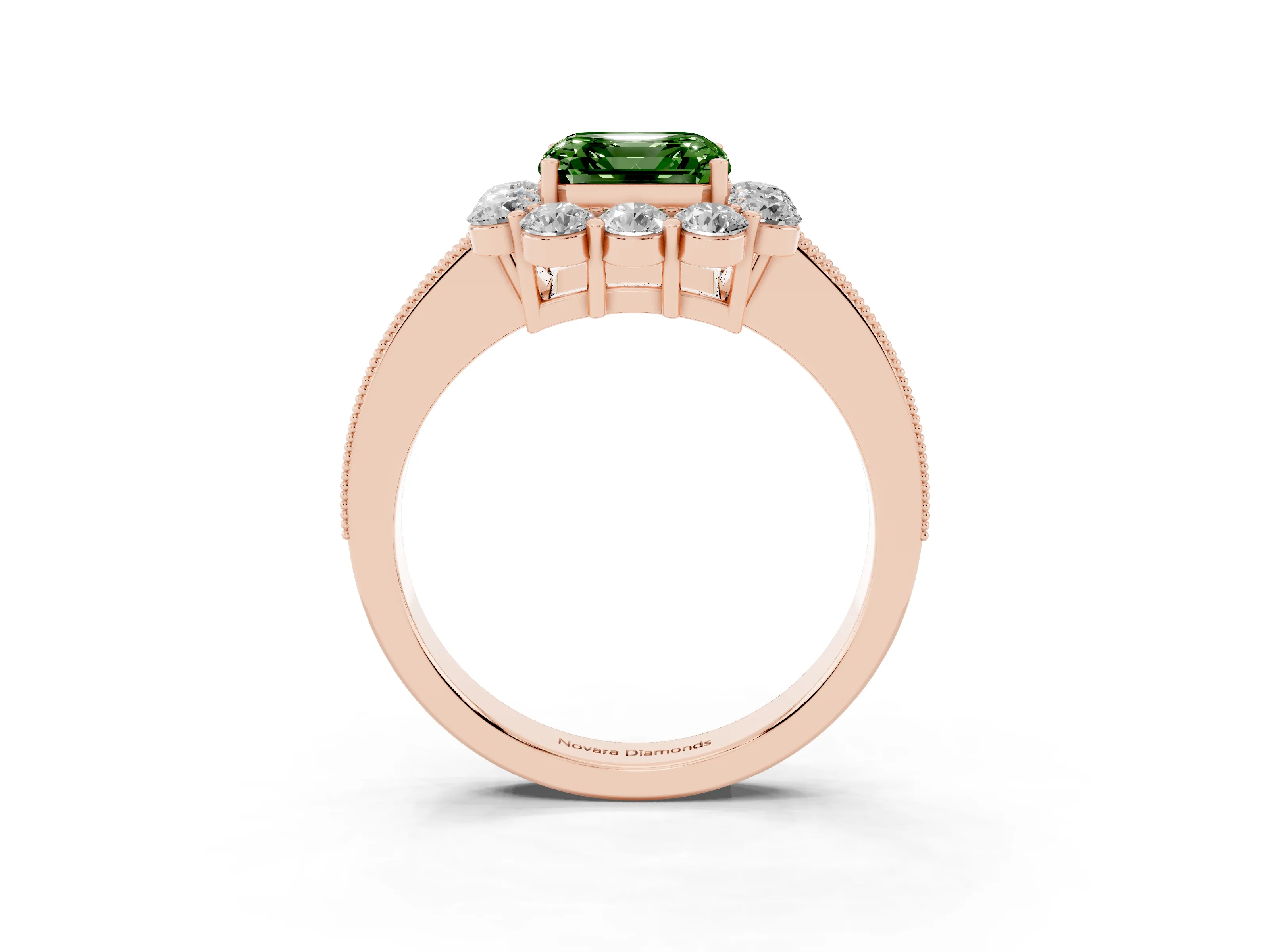 Fancy Green Asscher Cut Diamond Halo Pavé Engagement Ring Set in Rose gold with Milgrain Detailing