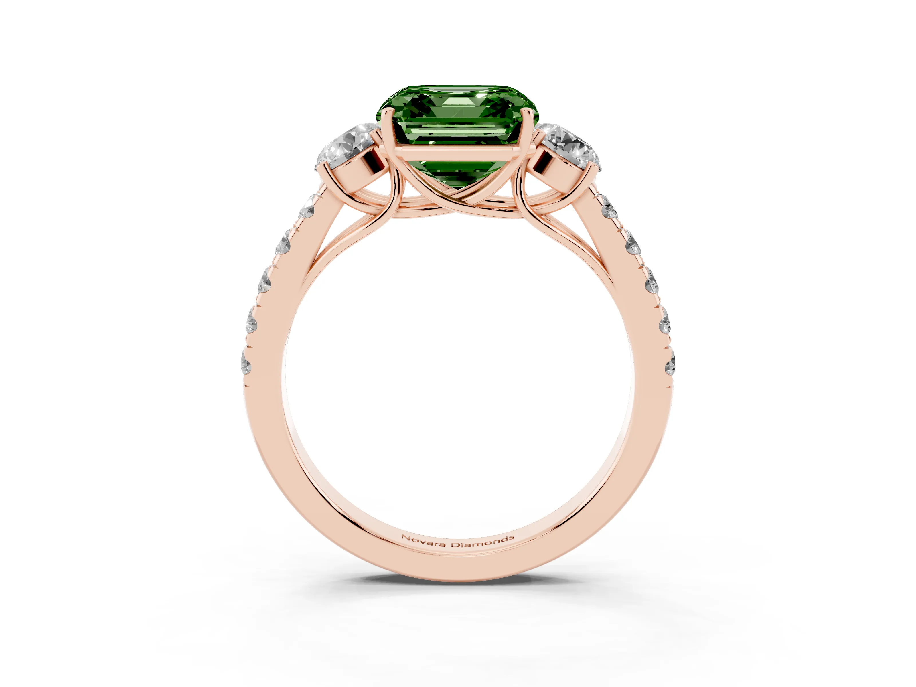 Fancy Green Asscher Cut Diamond Three-Stone Ring Set in Rose gold with Round Side Stones and Delicate Pavé Band