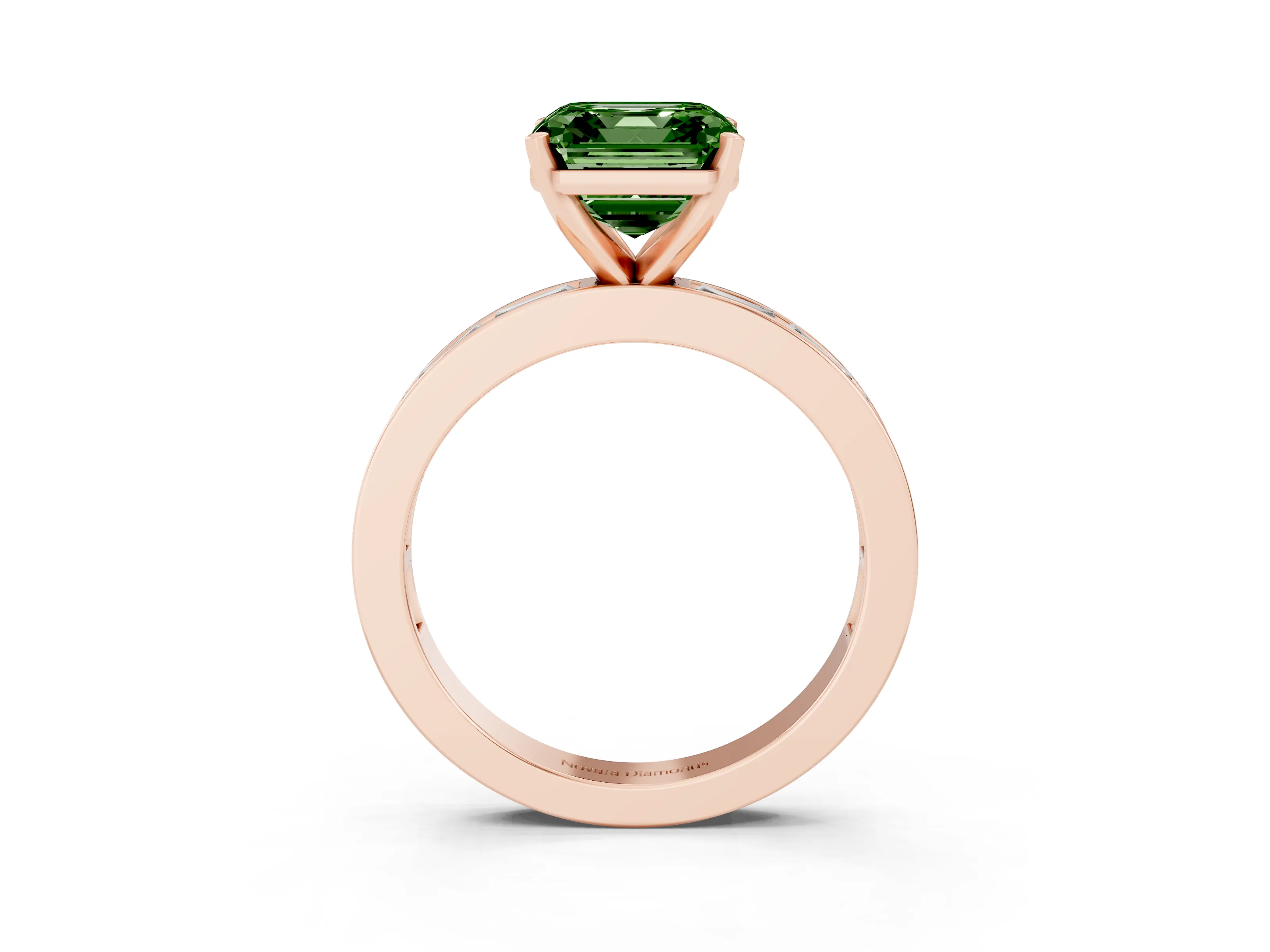 Fancy Green Asscher Cut Diamond Solitaire Ring Set in Rose gold with Channel-Set Baguette Band and Prong Setting