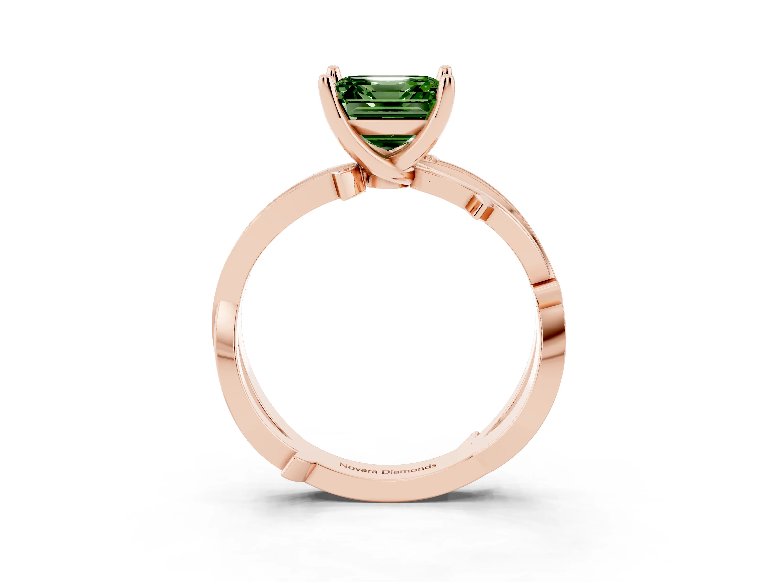 Fancy Green Asscher Cut Diamond Pavé Twist Band Solitaire Ring Set in Rose gold with Prong Setting