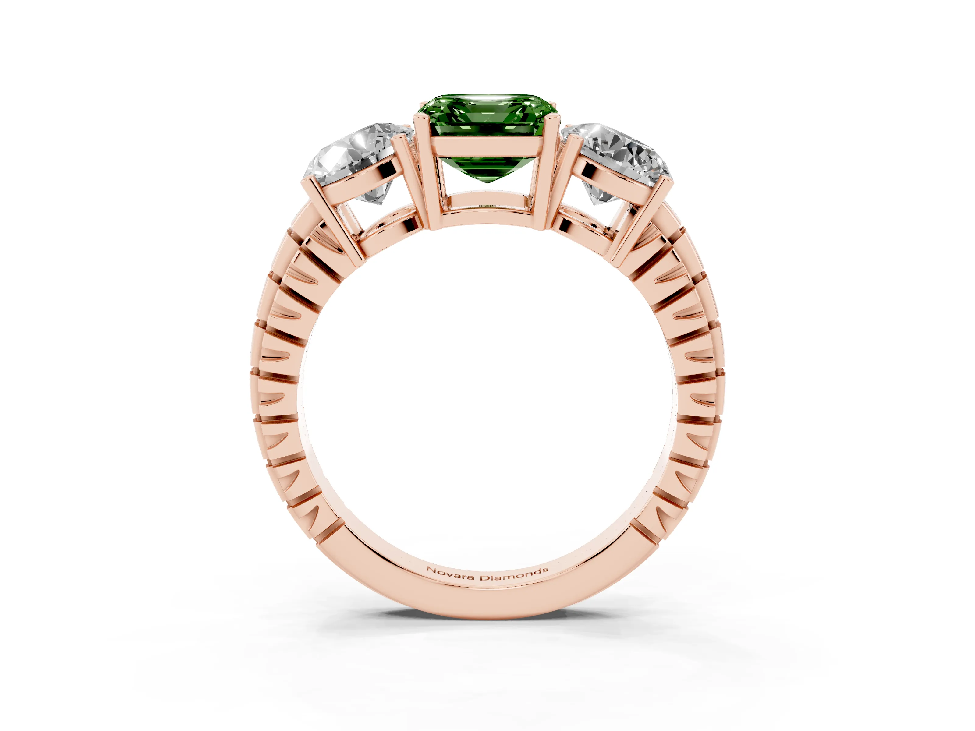 Fancy Green Asscher Cut Diamond Three-Stone Ring Set in Rose gold with Channel-Set Accent Band
