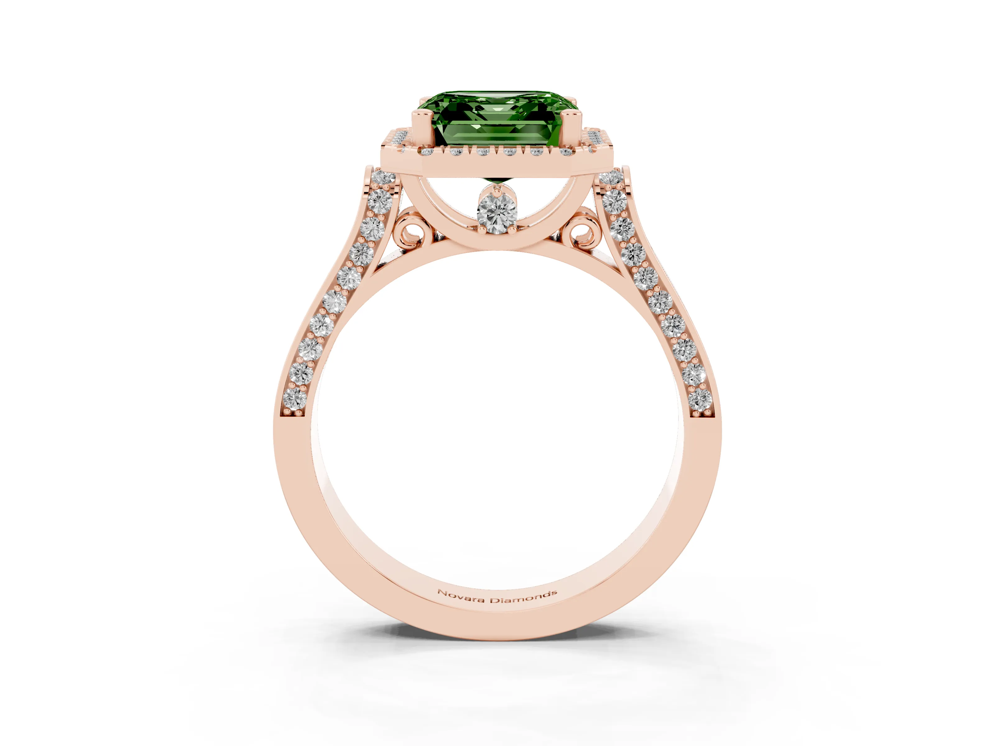 Fancy Green Asscher Cut Diamond Halo Ring Set in Rose gold with Pavé-Lined Split Shank Band