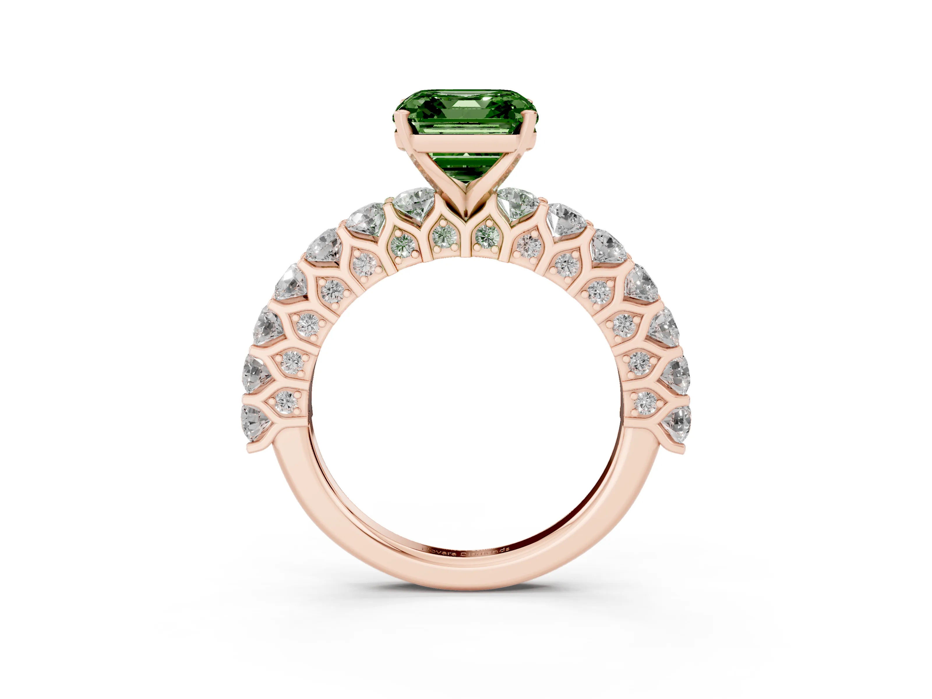Fancy Green Asscher Cut Diamond Solitaire Ring Set in Rose gold with Shared Prong Pavé Band