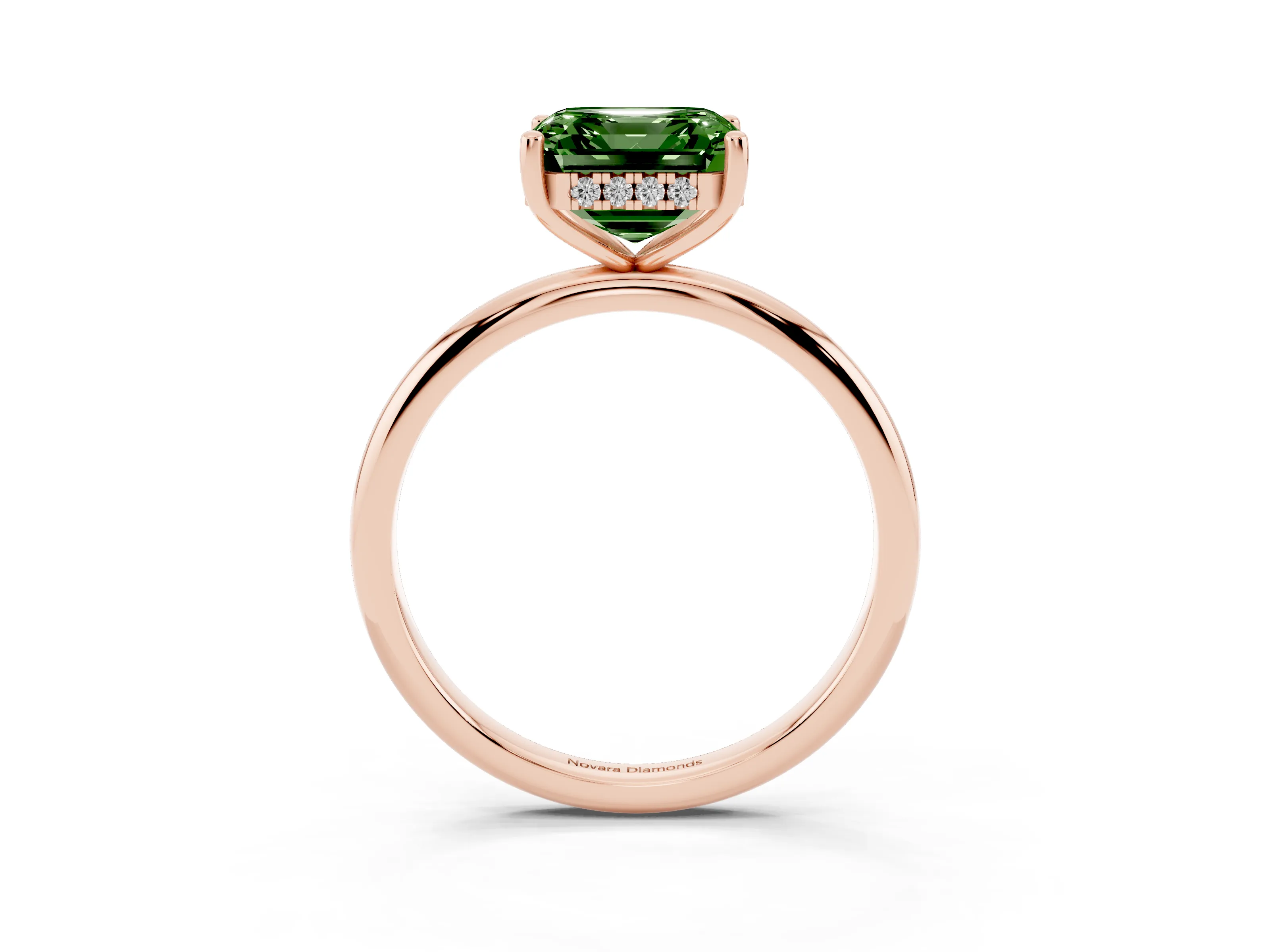Fancy Green Asscher Cut Diamond Solitaire Engagement Ring Set in Rose gold with Prong Setting and Polished Band