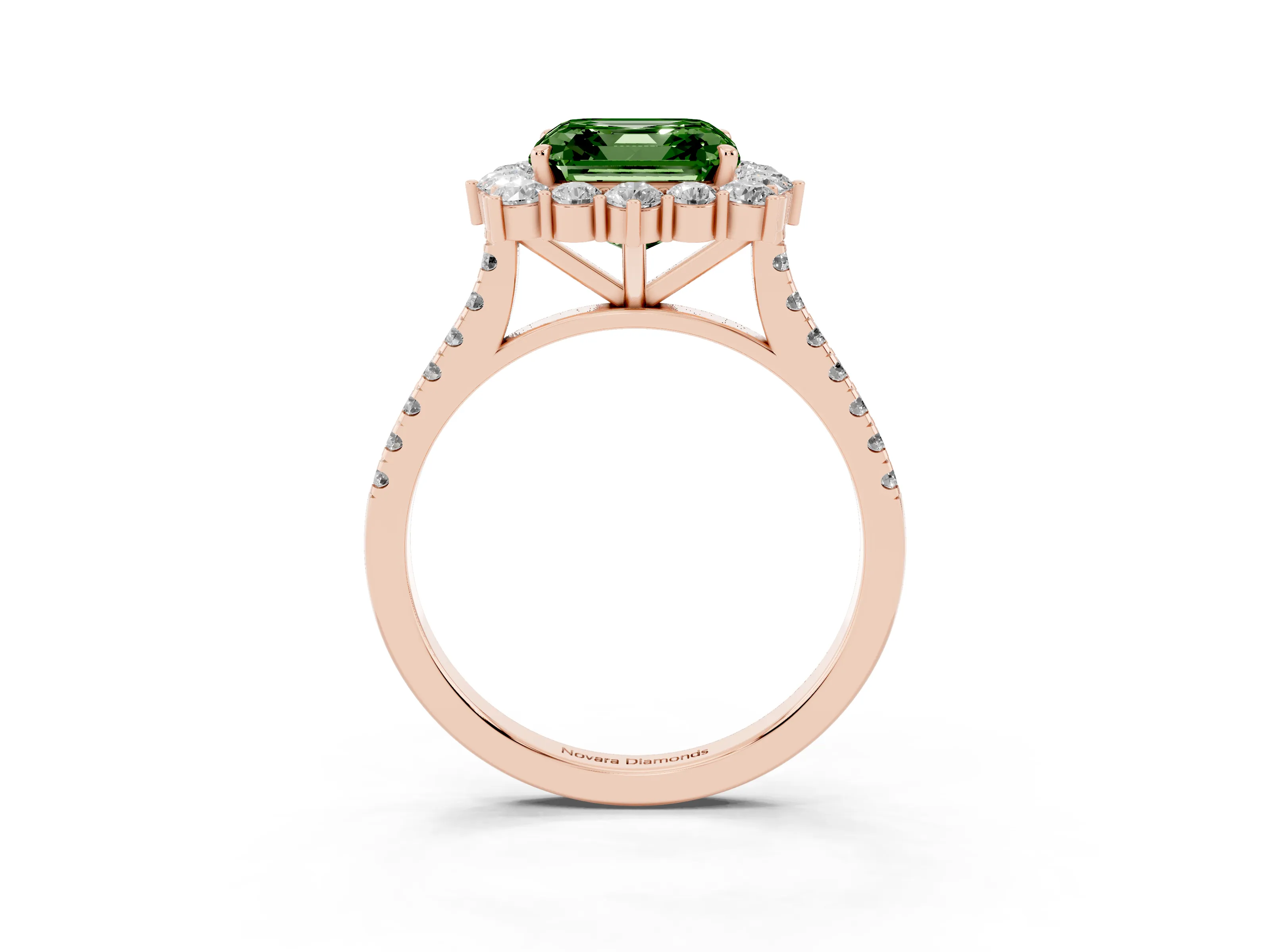 Fancy Green Asscher Cut Diamond Halo Ring Set in Rose gold with Pavé Band and Prong Setting