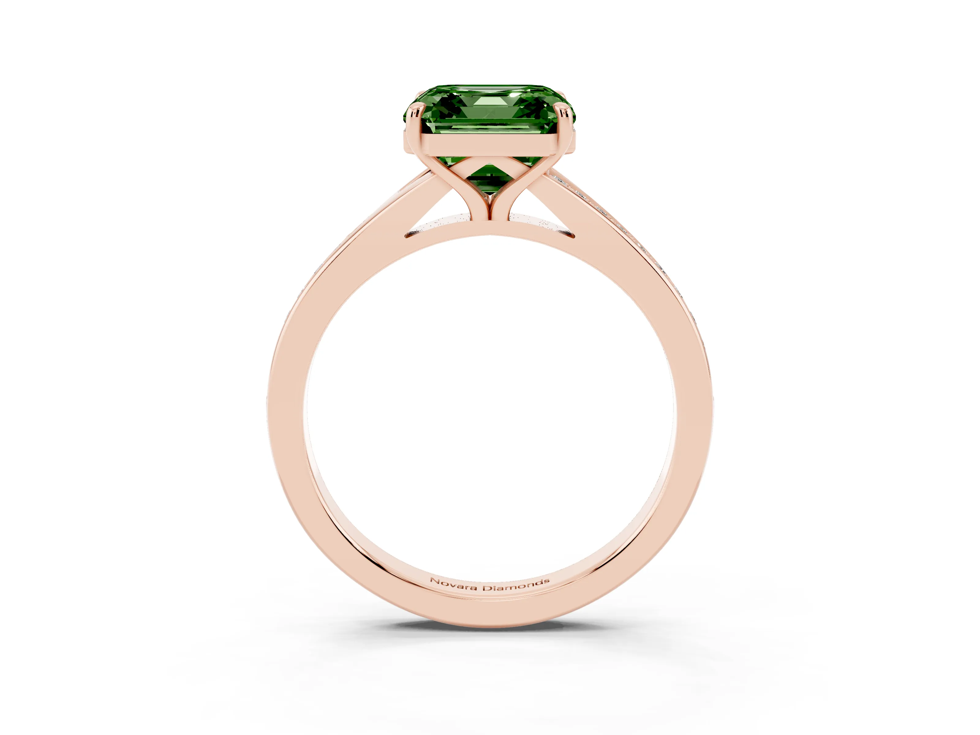 Fancy Green Asscher Cut Diamond Solitaire Ring Set in Rose gold with Pavé Accent Band and Classic Prong Setting