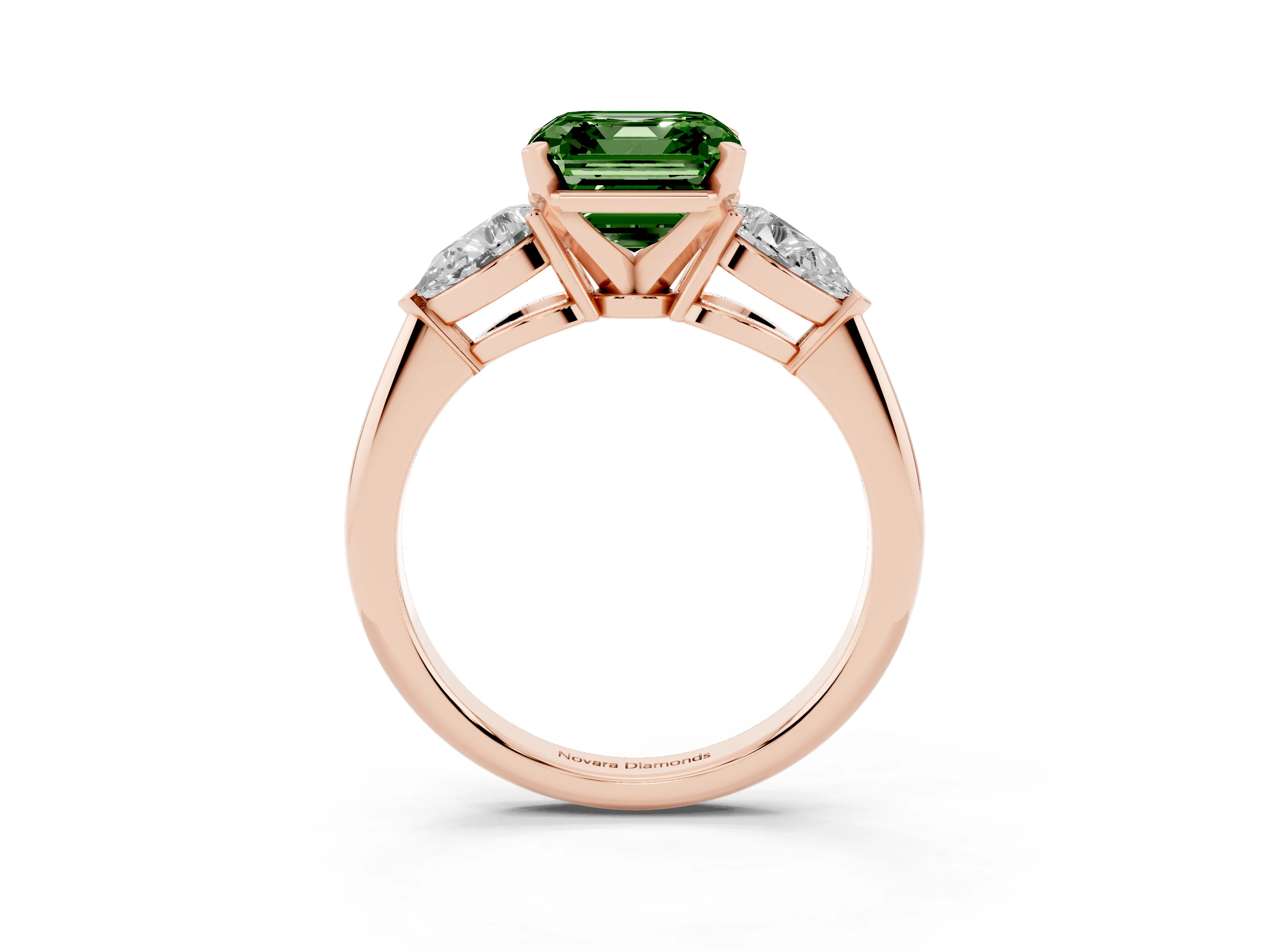 Fancy Green Three-Stone Asscher Cut Diamond Ring Set in Rose gold with Pear Side Stones and Prong Setting