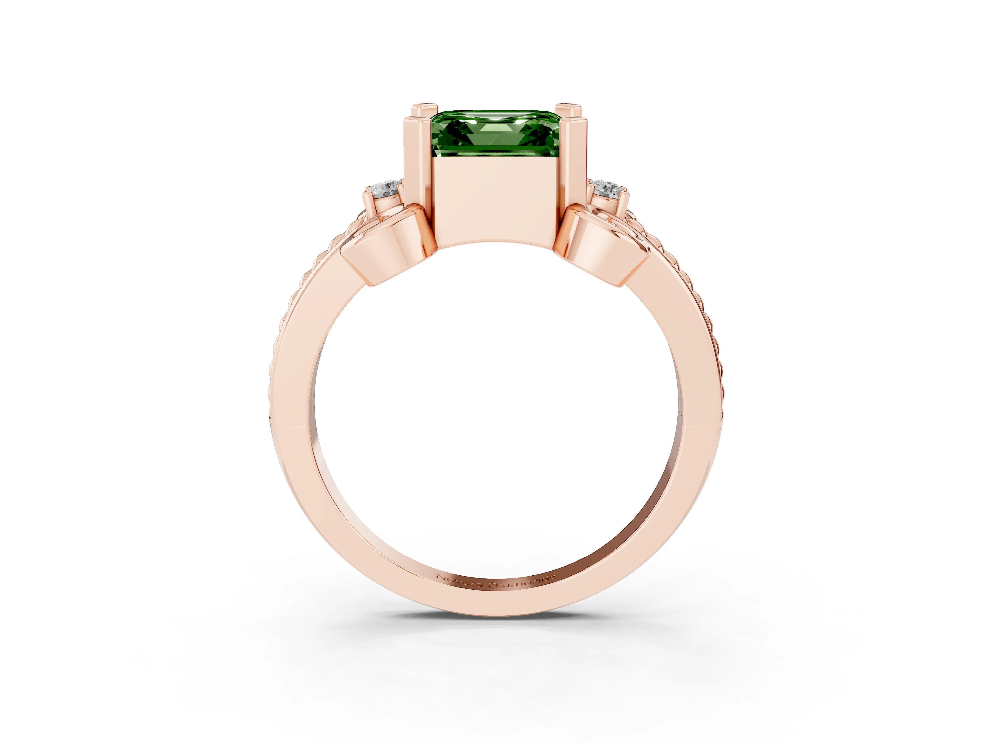 Fancy Green Asscher Cut Diamond Twisted Band Solitaire Ring Set in Rose gold with Scroll Prongs