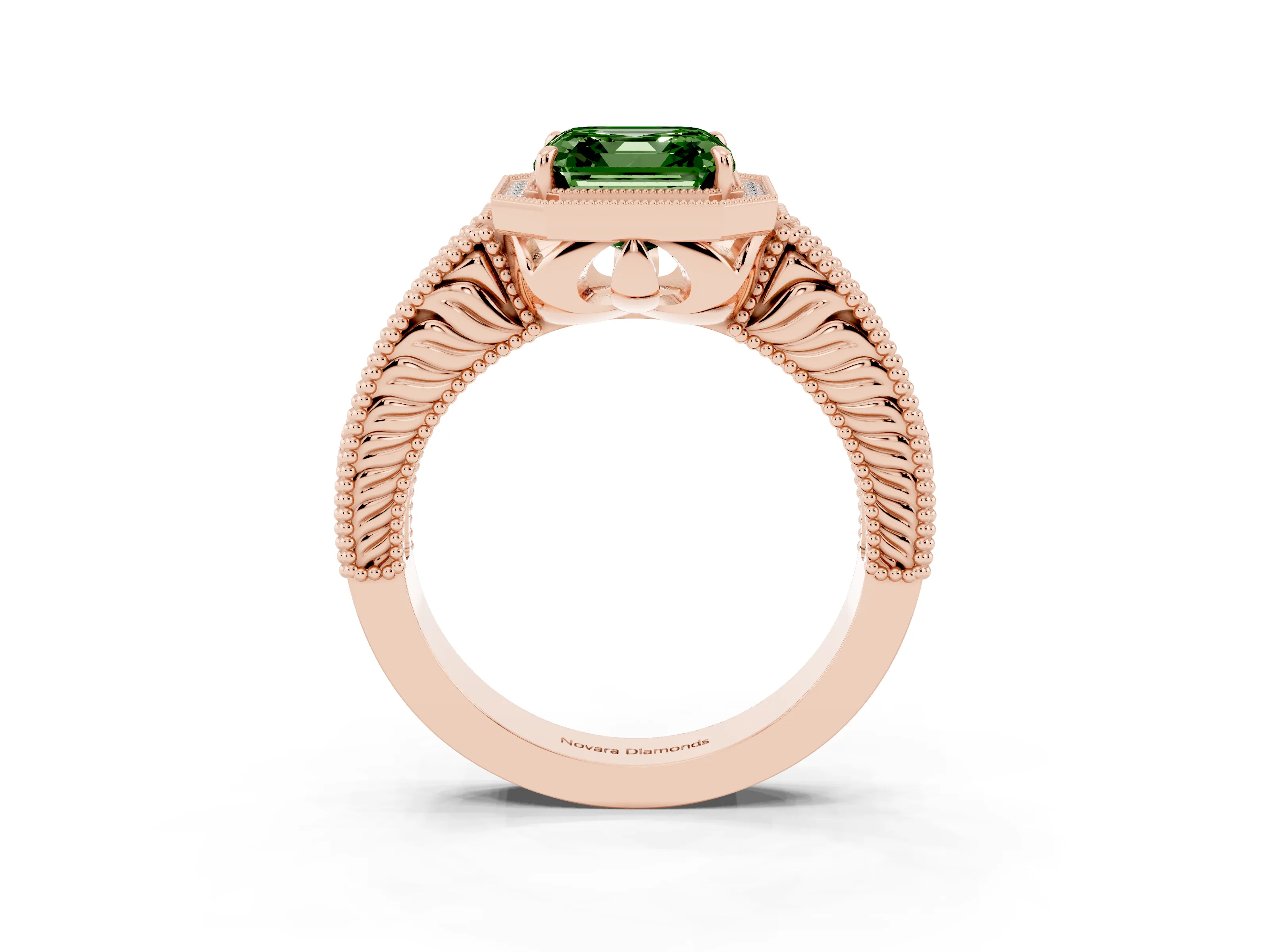 Fancy Green Asscher Cut Diamond Halo Ring Set in Rose gold with Round Accent Halo, Pavé Band and Prong Setting