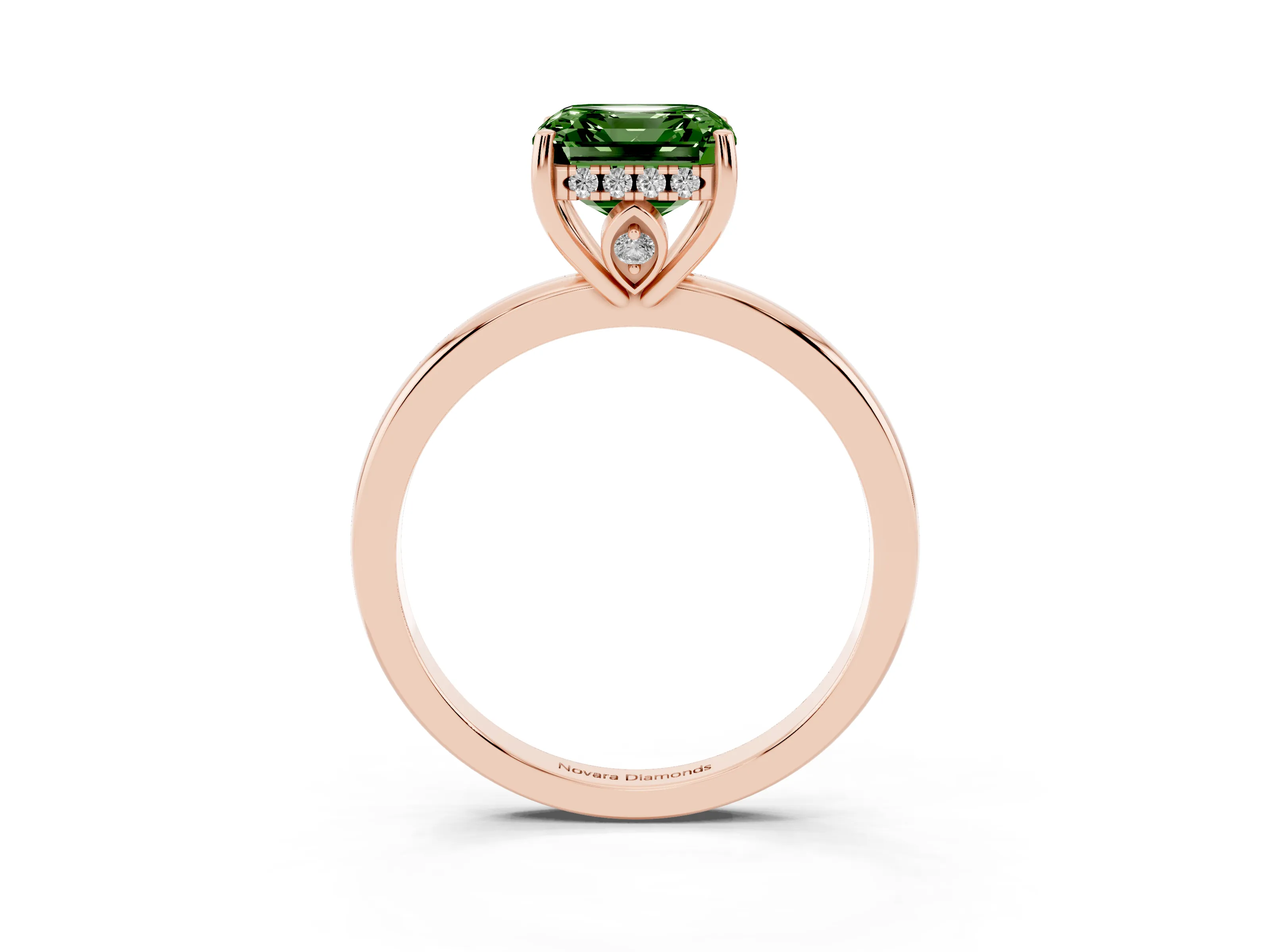 Fancy Green Asscher Cut Diamond Solitaire Ring Set in Rose gold with Plain Band and Prong Setting