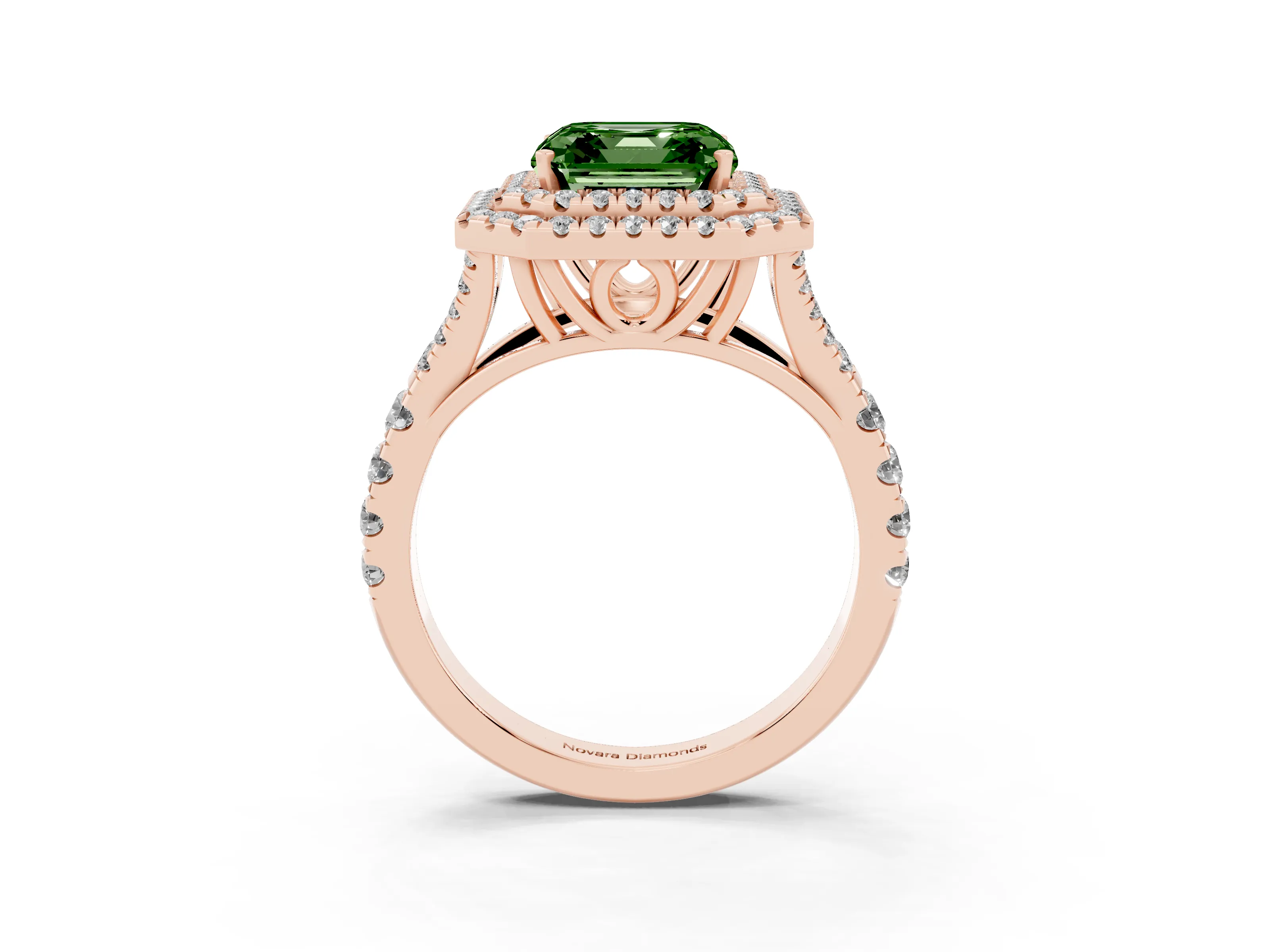 Fancy Green Asscher Cut Diamond Pavé Split Shank Double Halo Engagement Ring Set in Rose gold
