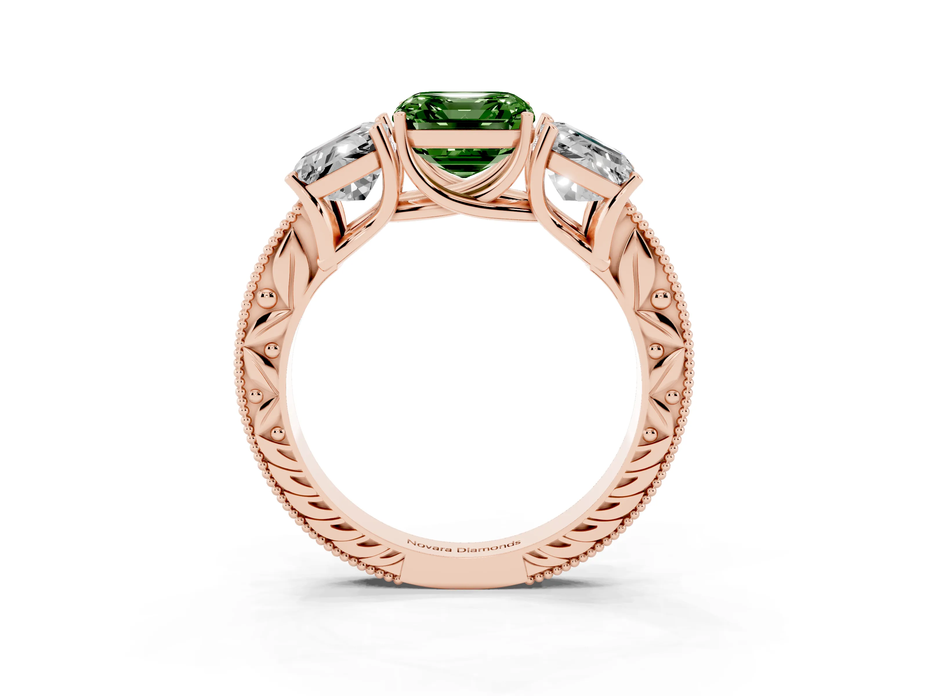Fancy Green Asscher Cut Diamond Three-Stone Engagement Ring Set in Rose gold with Milgrain Pavé Band