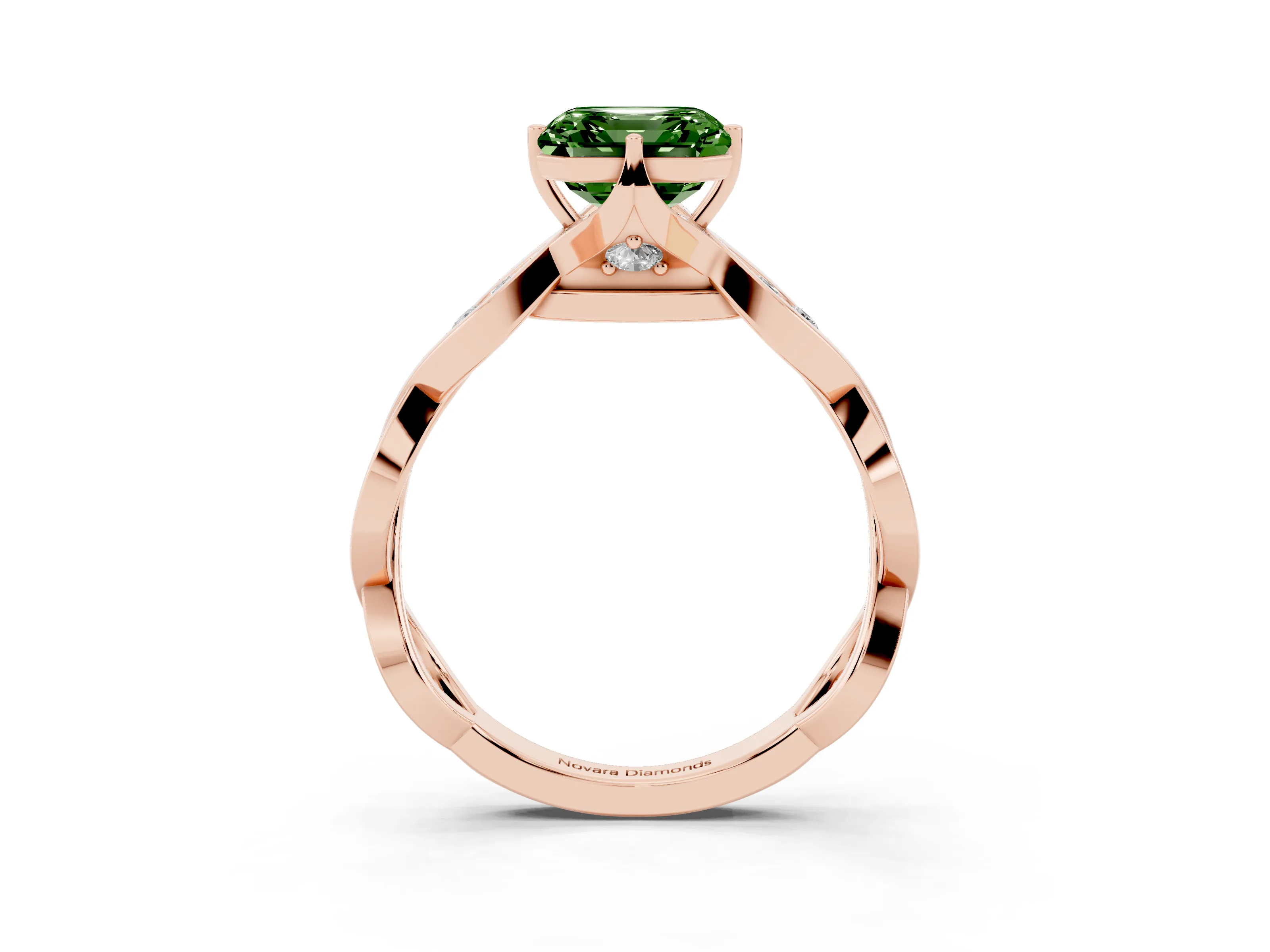 Fancy Green Asscher Cut Diamond Twist Band Solitaire Ring Set in Rose gold with Leaf Prong Setting and Accent Stones