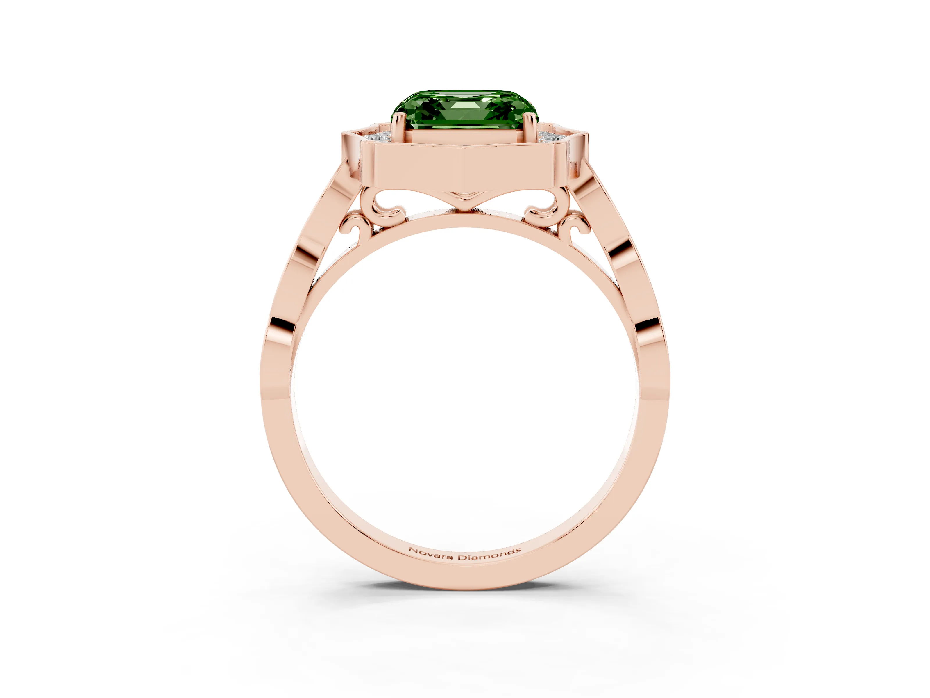 Fancy Green Asscher Cut Diamond Halo Engagement Ring Set in Rose gold with Milgrain Band and Prong Setting