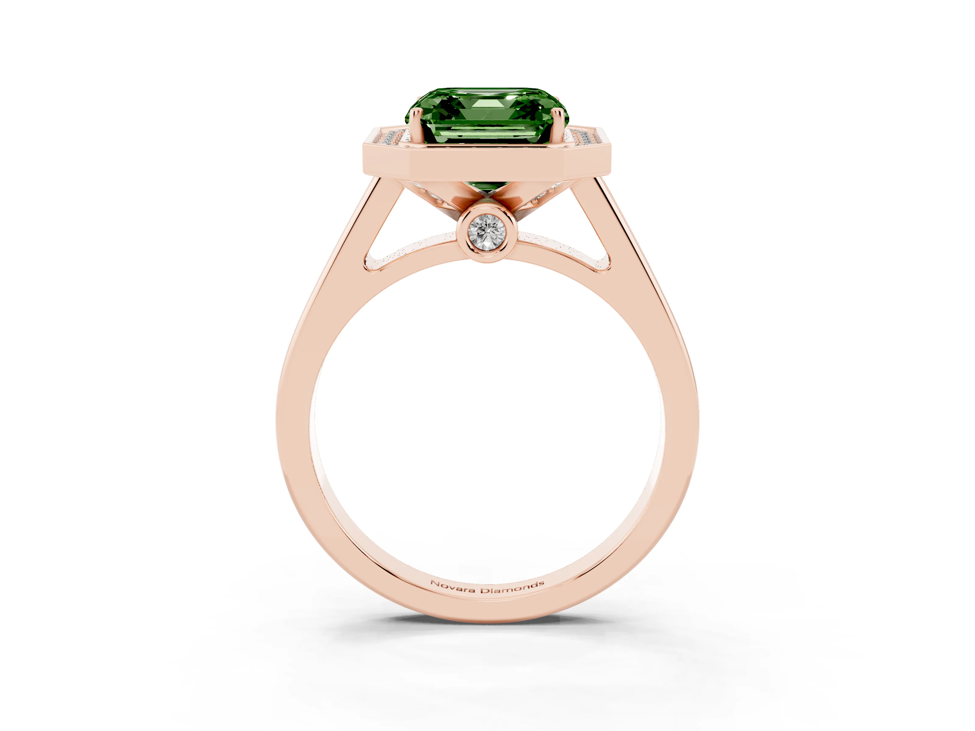 Fancy Green Asscher Cut Diamond Halo Solitaire Ring Set in Rose gold with Pavé Band and Bezel Setting