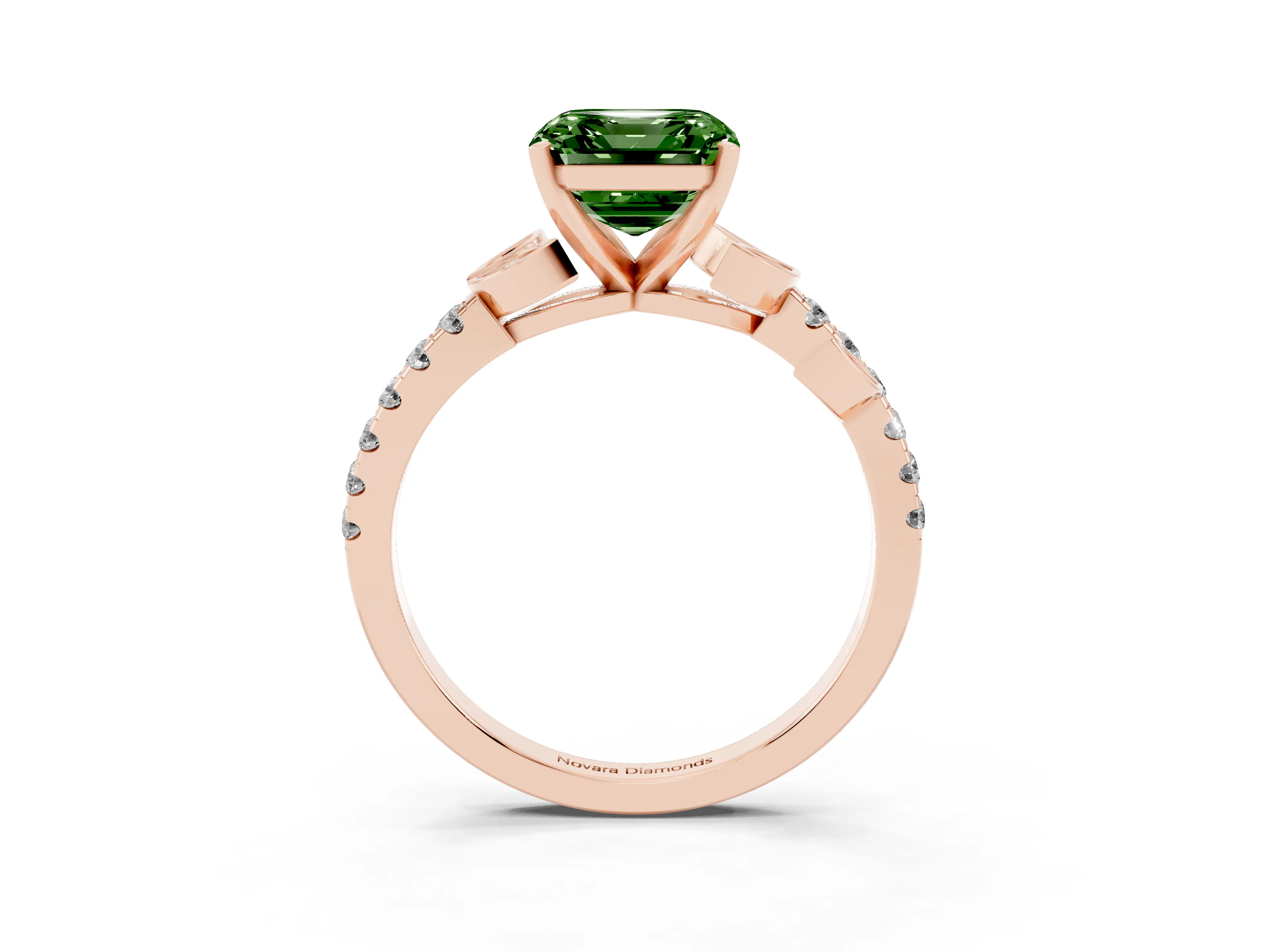 Fancy Green Asscher Cut Diamond Solitaire Leaf-Inspired Ring Set in Rose gold with Pavé Band and Prong Setting
