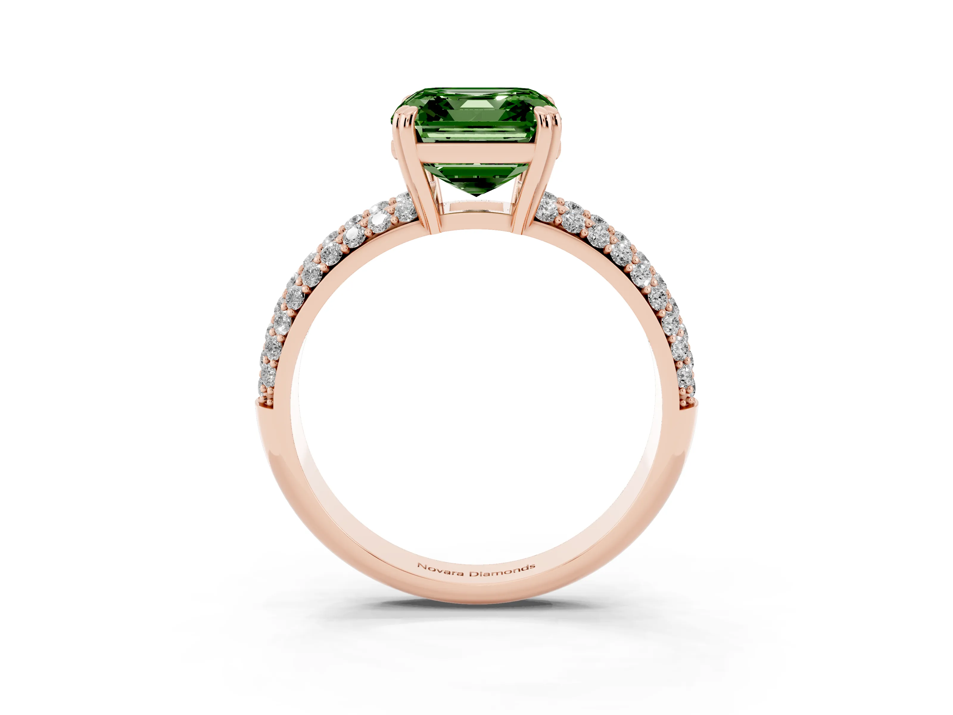 Fancy Green Asscher Cut Diamond Solitaire Ring Set in Rose gold with Multi-Row Round Pavé Band and Prong Setting