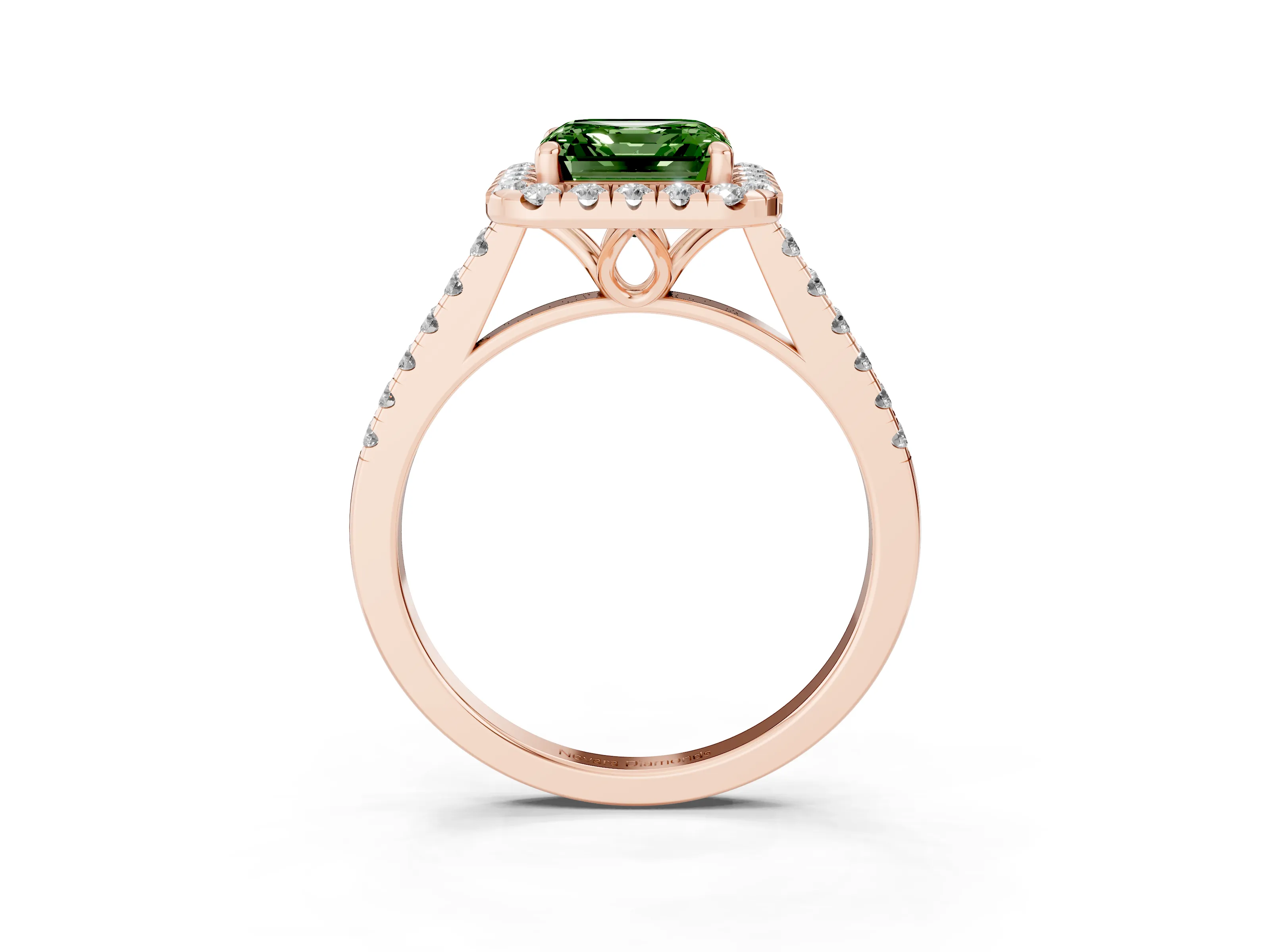 Fancy Green Asscher Cut Diamond Pavé Halo Engagement Ring Set in Rose gold with Pavé Band and Prong Setting
