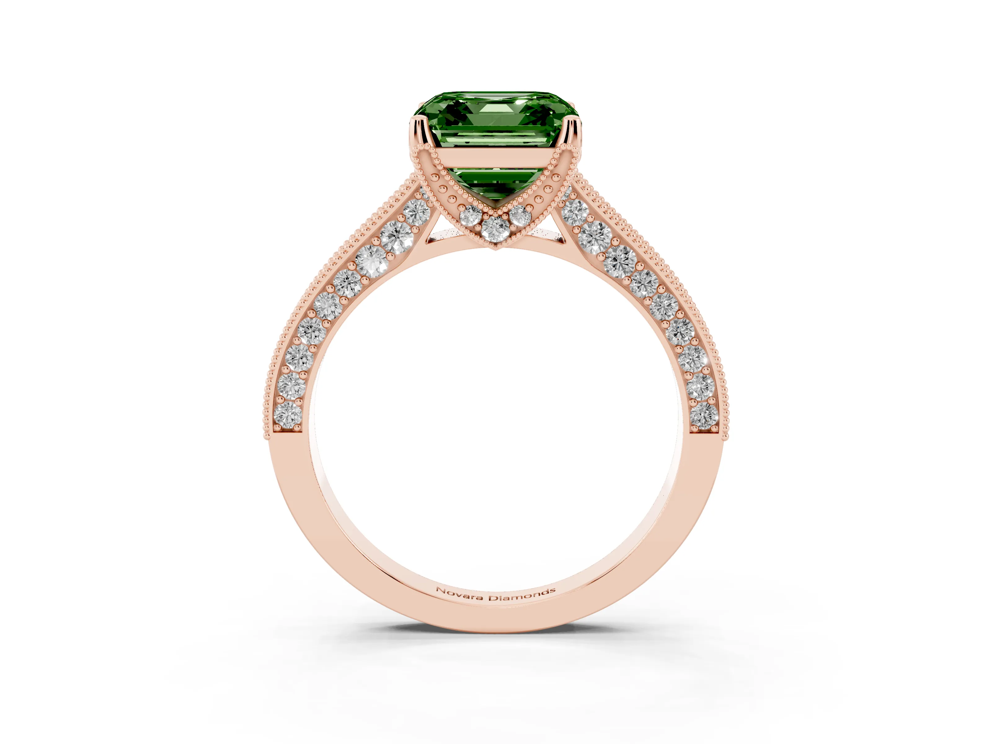 Fancy Green Asscher Cut Diamond Solitaire Ring Set in Rose gold with Milgrain-Edged Pavé Band and Prong Setting