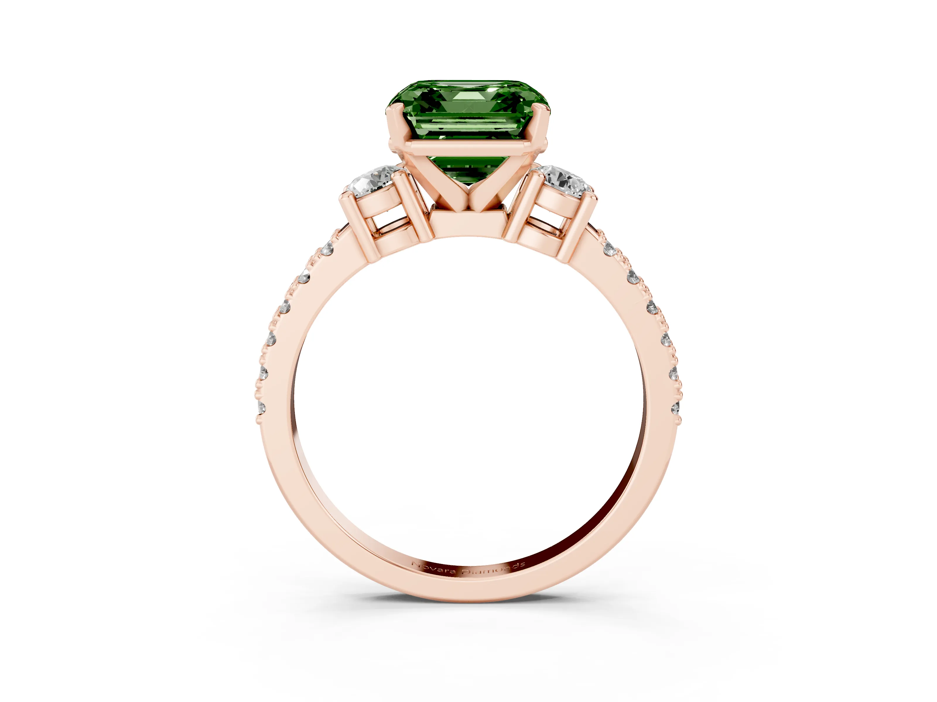 Fancy Green Three-Stone Asscher Cut Diamond Pavé Band Ring Set in Rose gold with Prong Setting