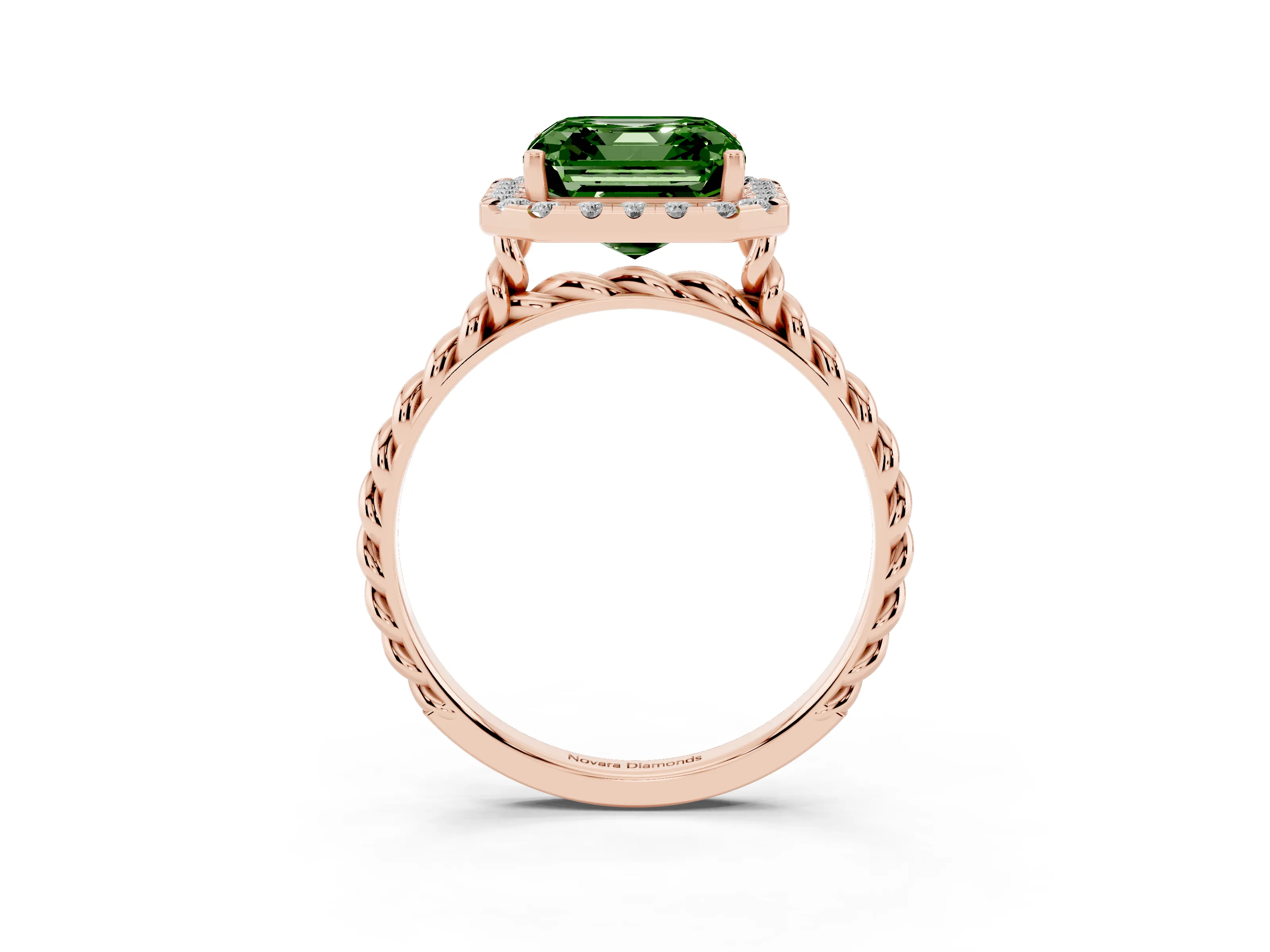 Fancy Green Asscher Cut Diamond Halo Ring Set in Rose gold with Plain Twisted Band