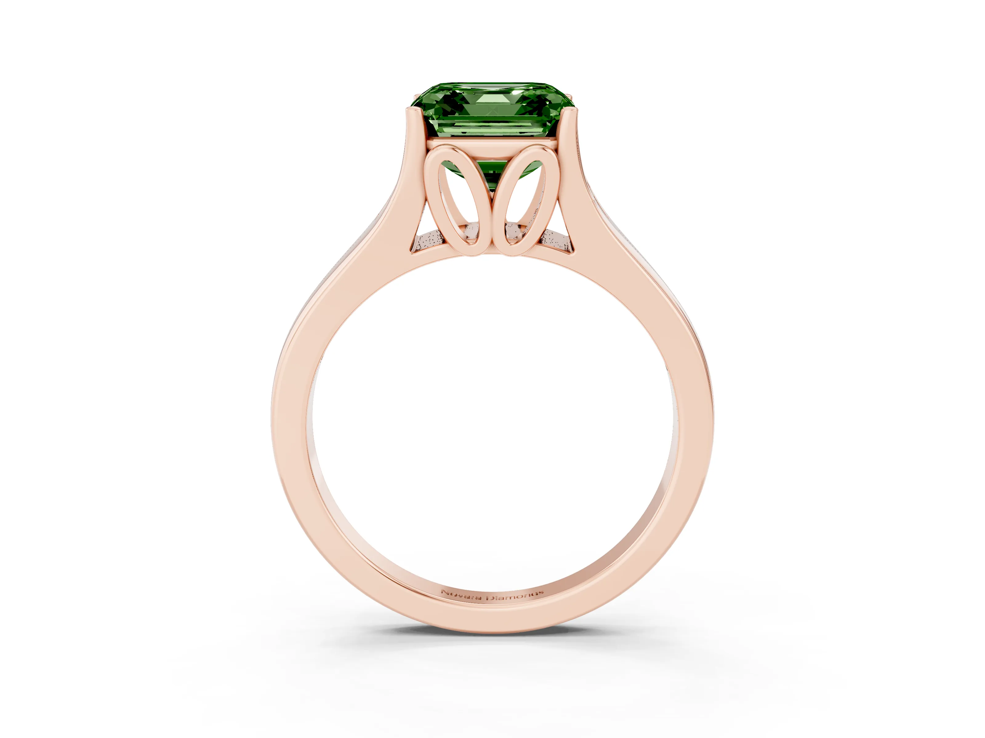 Fancy Green Asscher Cut Diamond Solitaire Ring Set in Rose gold with Arched Cathedral Band and Prong Setting
