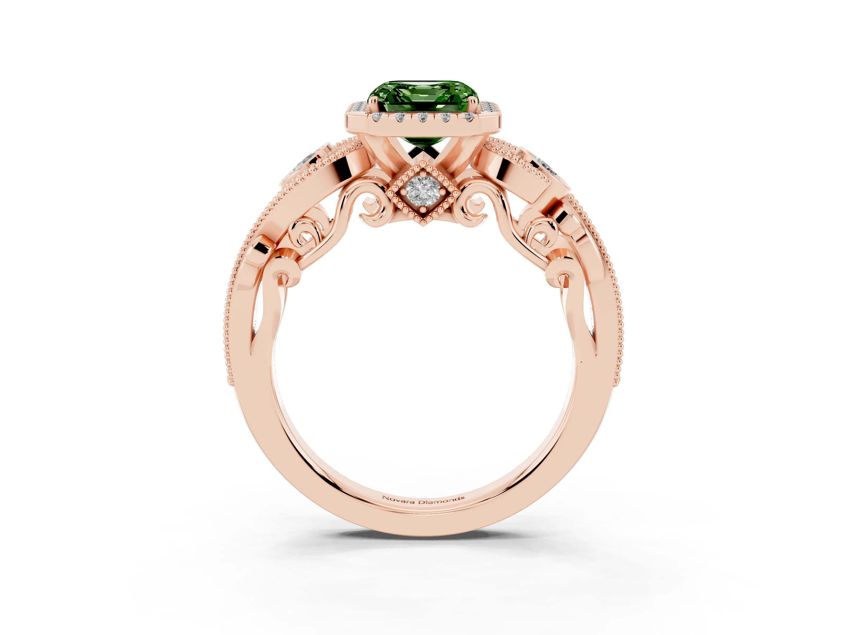 Fancy Green Asscher Cut Diamond Halo Ring Set in Rose gold with Milgrain Pavé Band and Prong Setting