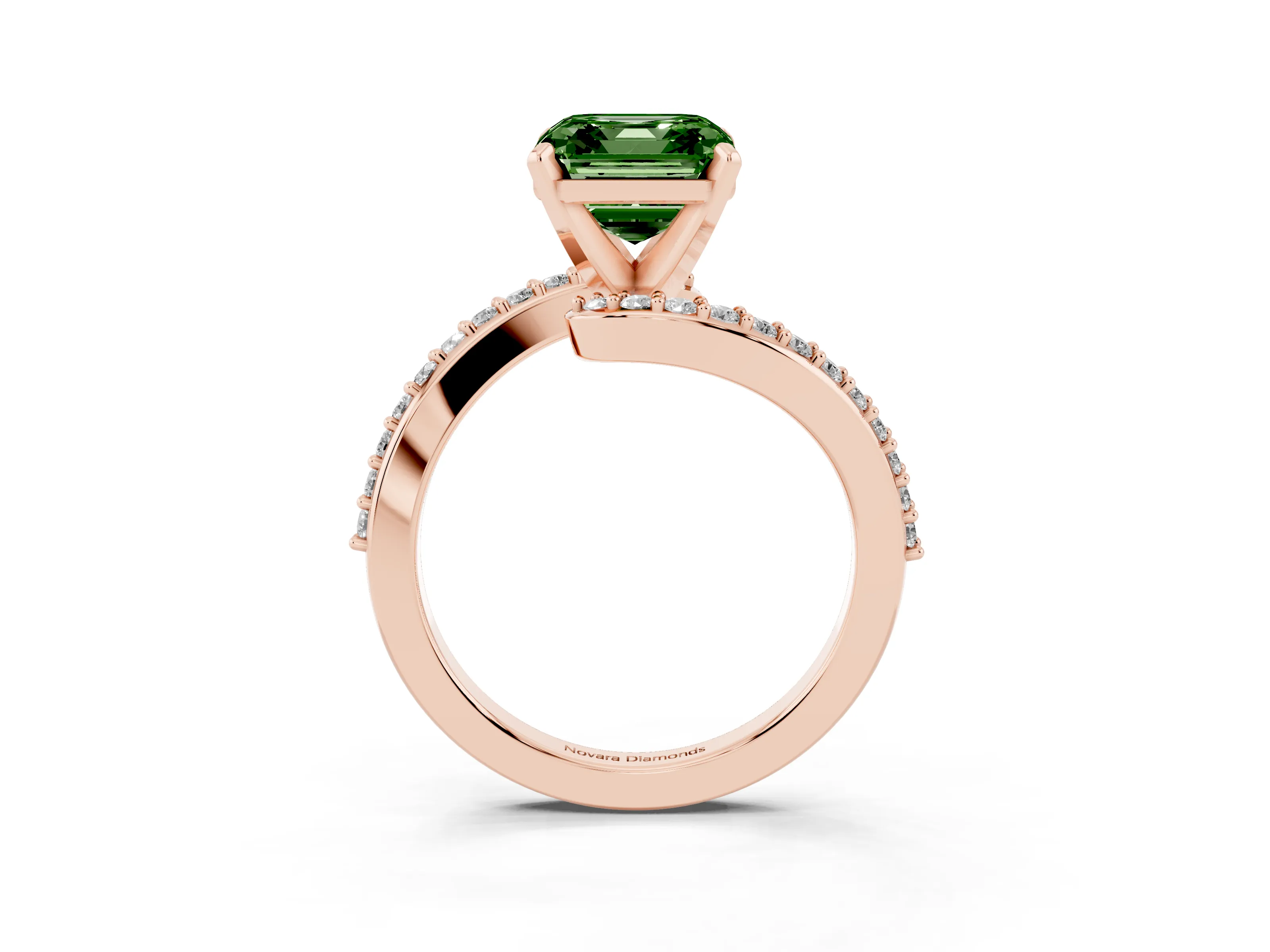 Fancy Green Asscher Cut Diamond Solitaire Ring Set in Rose gold with Pavé Twist Band and Prong Setting