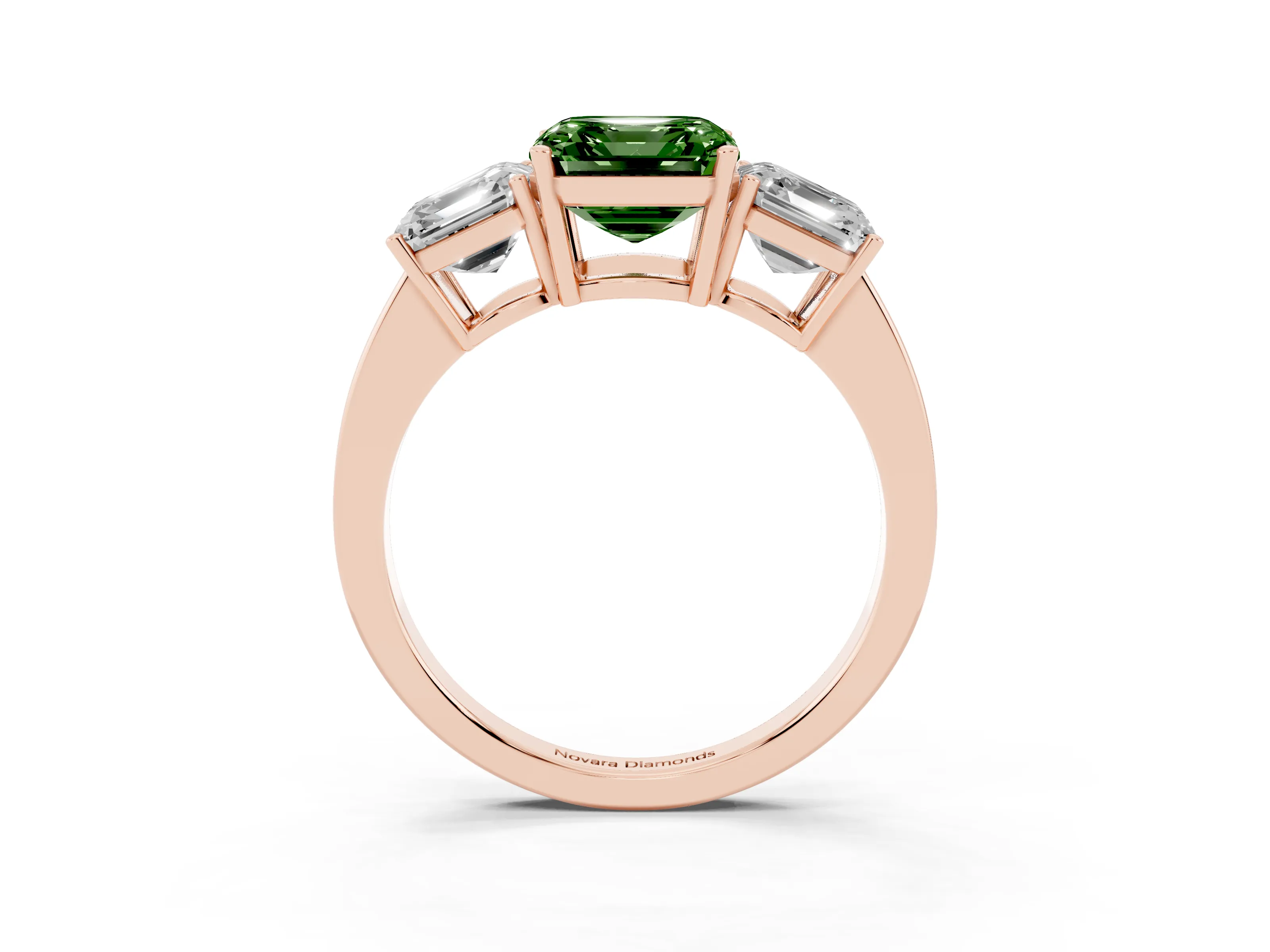 Fancy Green Asscher Cut Diamond Three-Stone Engagement Ring Set in Rose gold with Flat Band