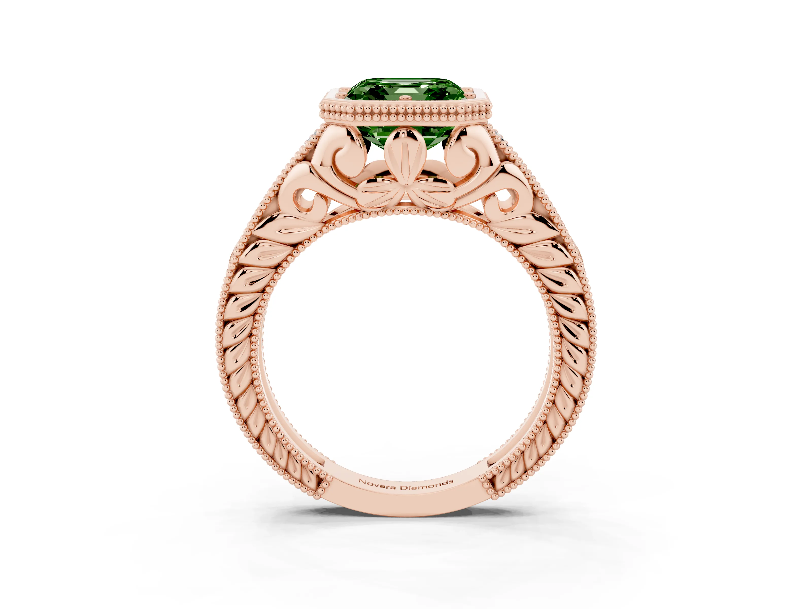 Fancy Green Bezel Set Asscher Cut Diamond Milgrain Pavé Engagement Ring Set in Rose gold