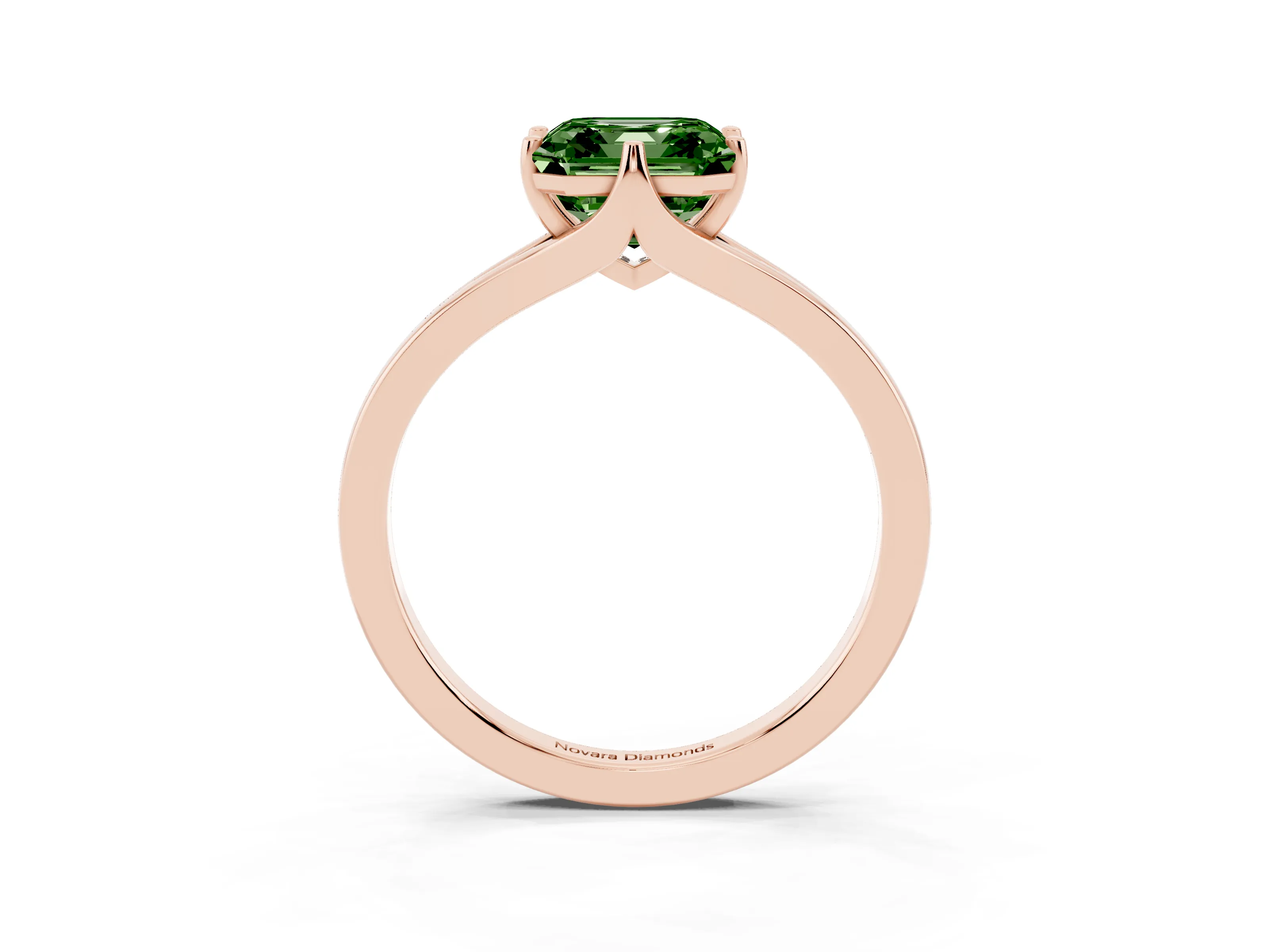 Fancy Green Asscher Cut Diamond Solitaire Ring Set in Rose gold with Polished Tapered Band and Prong Setting