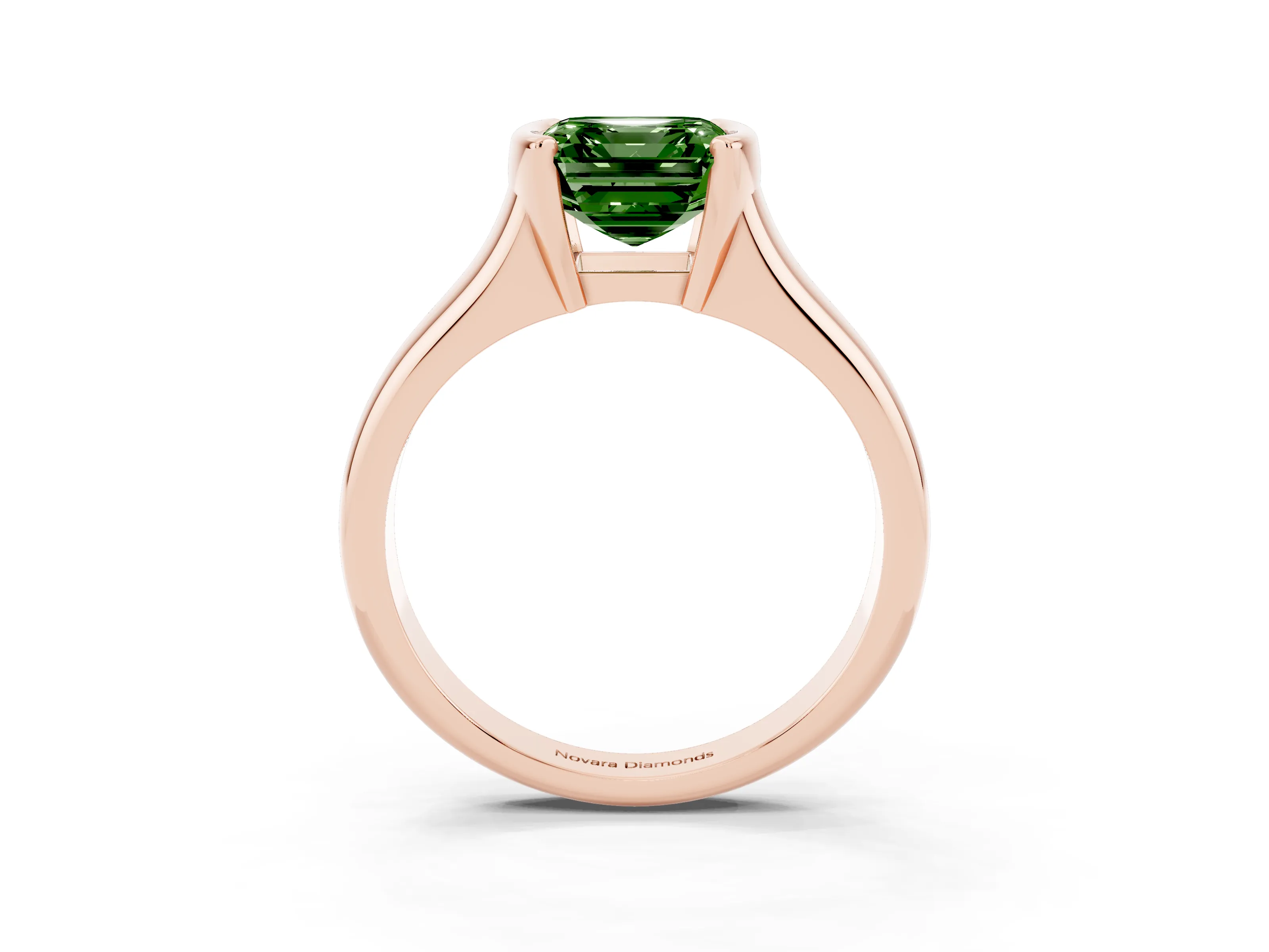 Fancy Green Asscher Cut Diamond Solitaire Tension Set Ring Set in Rose gold with Split Shank Band