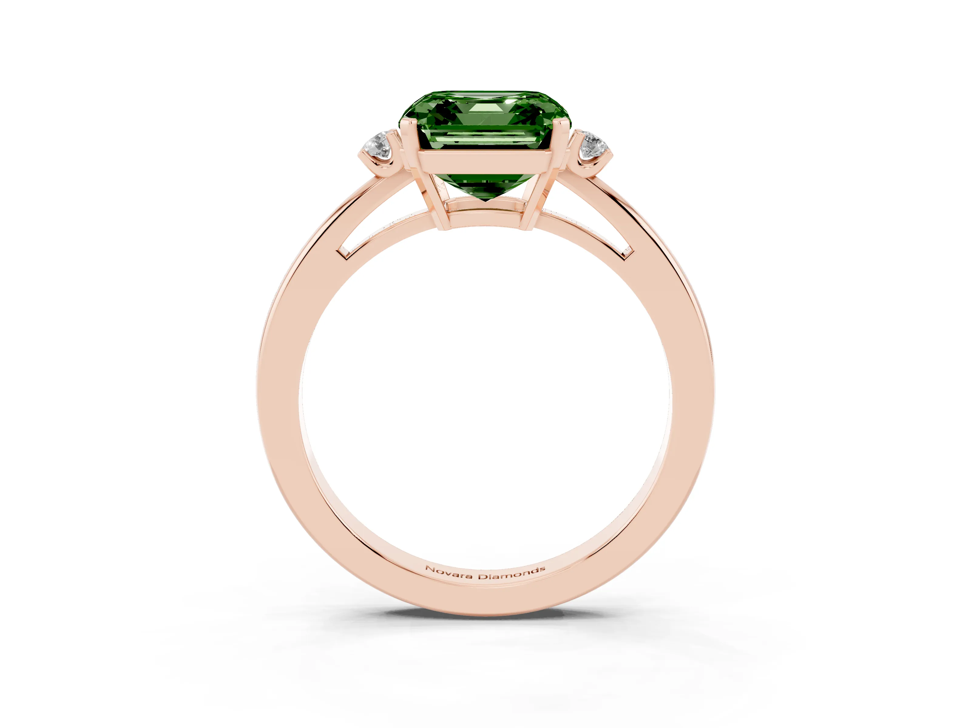 Fancy Green Three-Stone Asscher Cut Diamond Solitaire Ring Set in Rose gold with Round Accent Stones and Prong Setting
