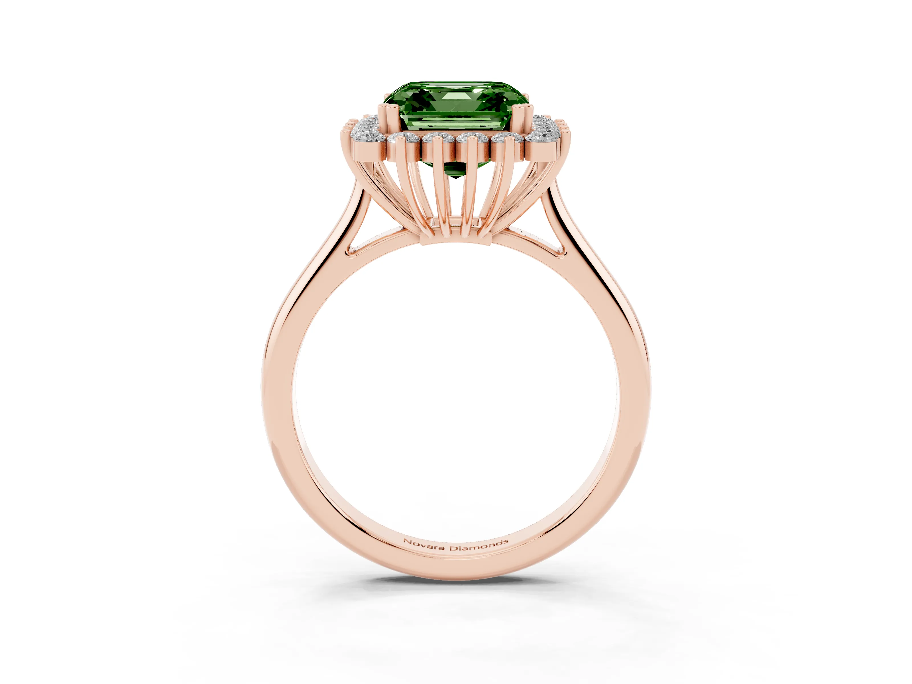 Fancy Green Asscher Cut Diamond Halo Ring Set in Rose gold with Plain Solitaire Band and Prong Setting