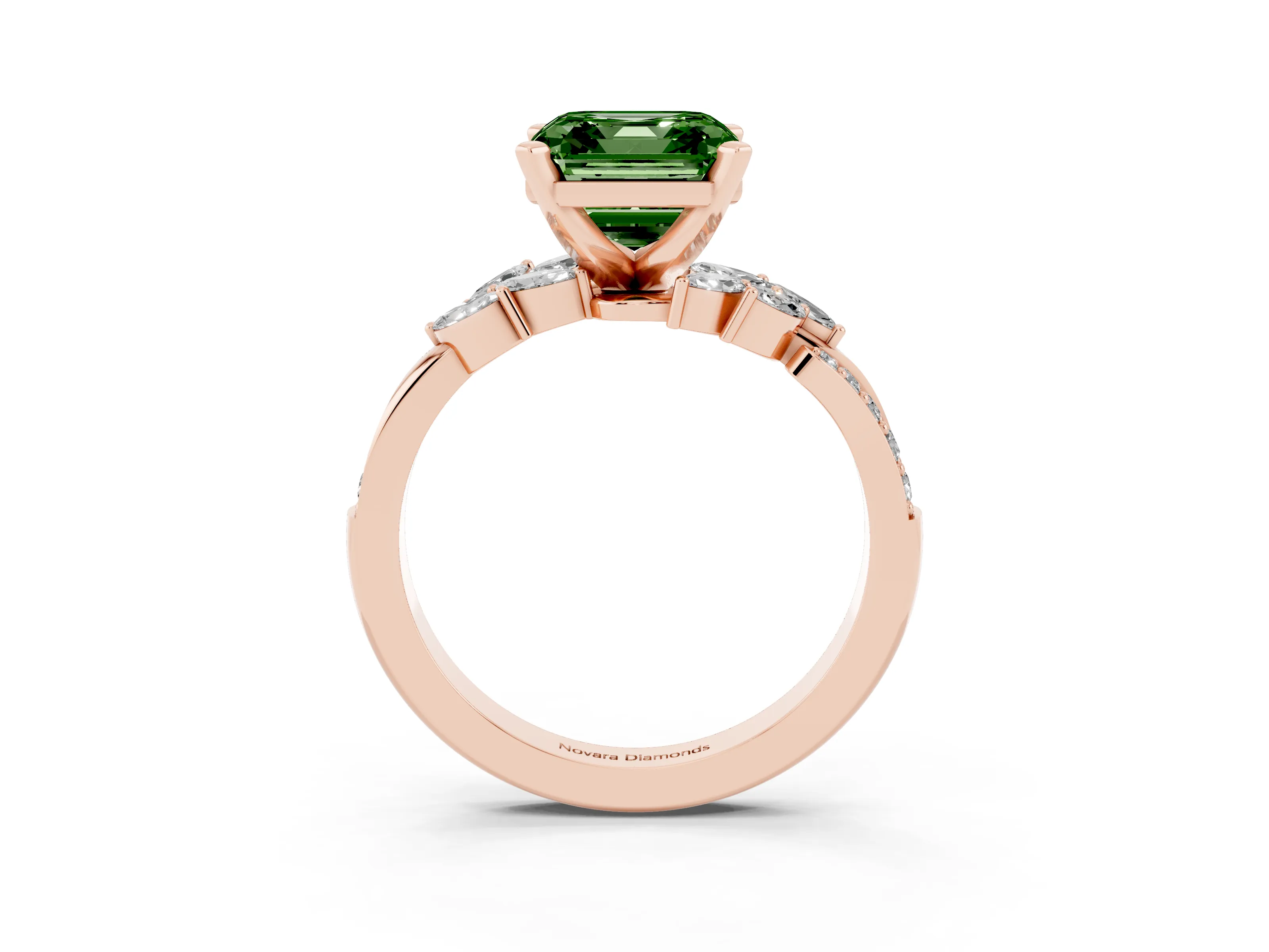 Fancy Green Asscher Cut Diamond Solitaire Ring Set in Rose gold with Marquise Twist Band and Prong Setting