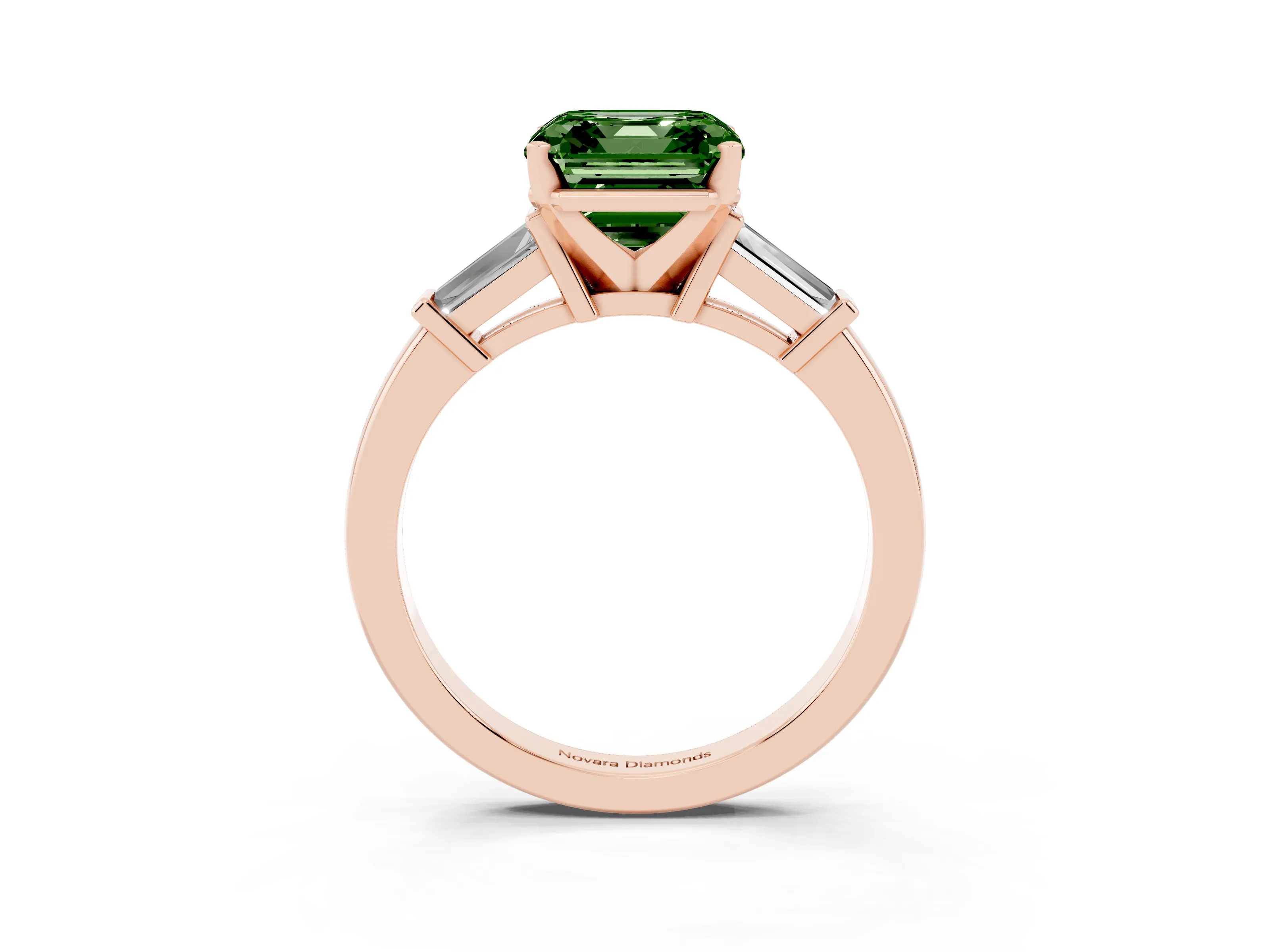 Fancy Green Asscher Cut Diamond Solitaire Ring Set in Rose gold with Tapered Baguette Accents and Prong Setting