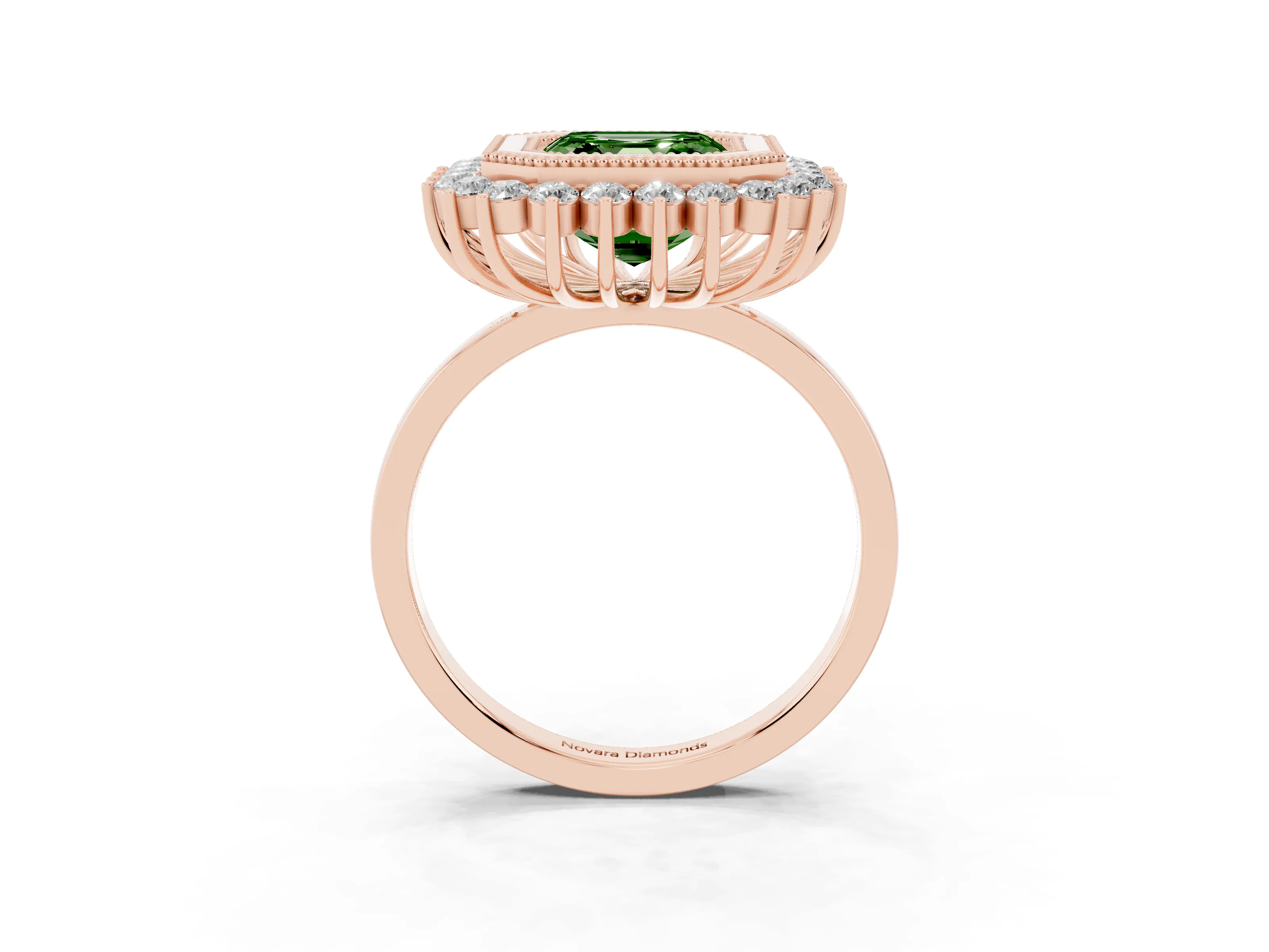 Fancy Green Asscher Cut Diamond Halo Ring Set in Rose gold with Milgrain Edge and Round Prong Setting
