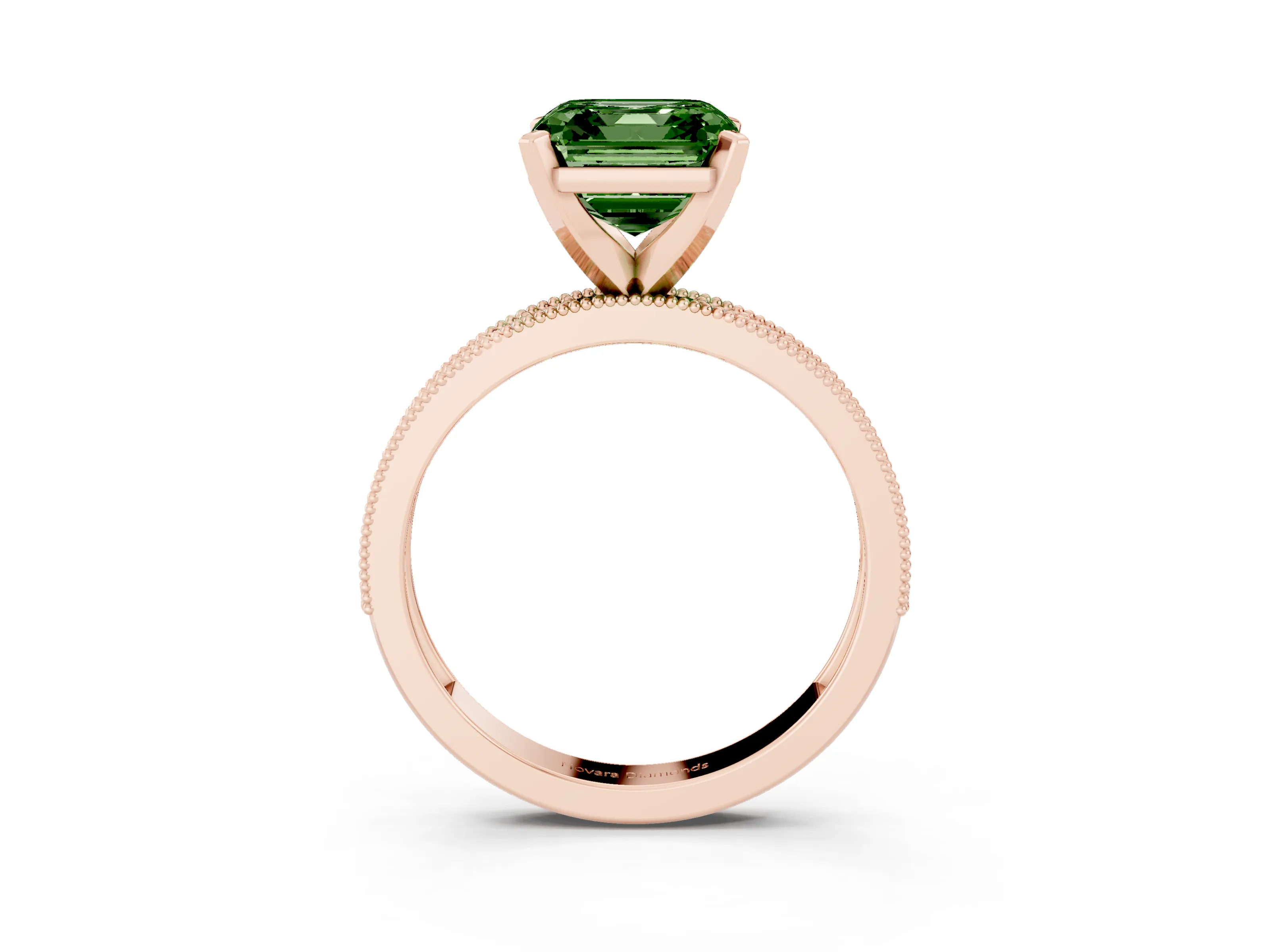 Fancy Green Asscher Cut Diamond Milgrain Pavé Engagement Ring Set in Rose gold with Prong Setting