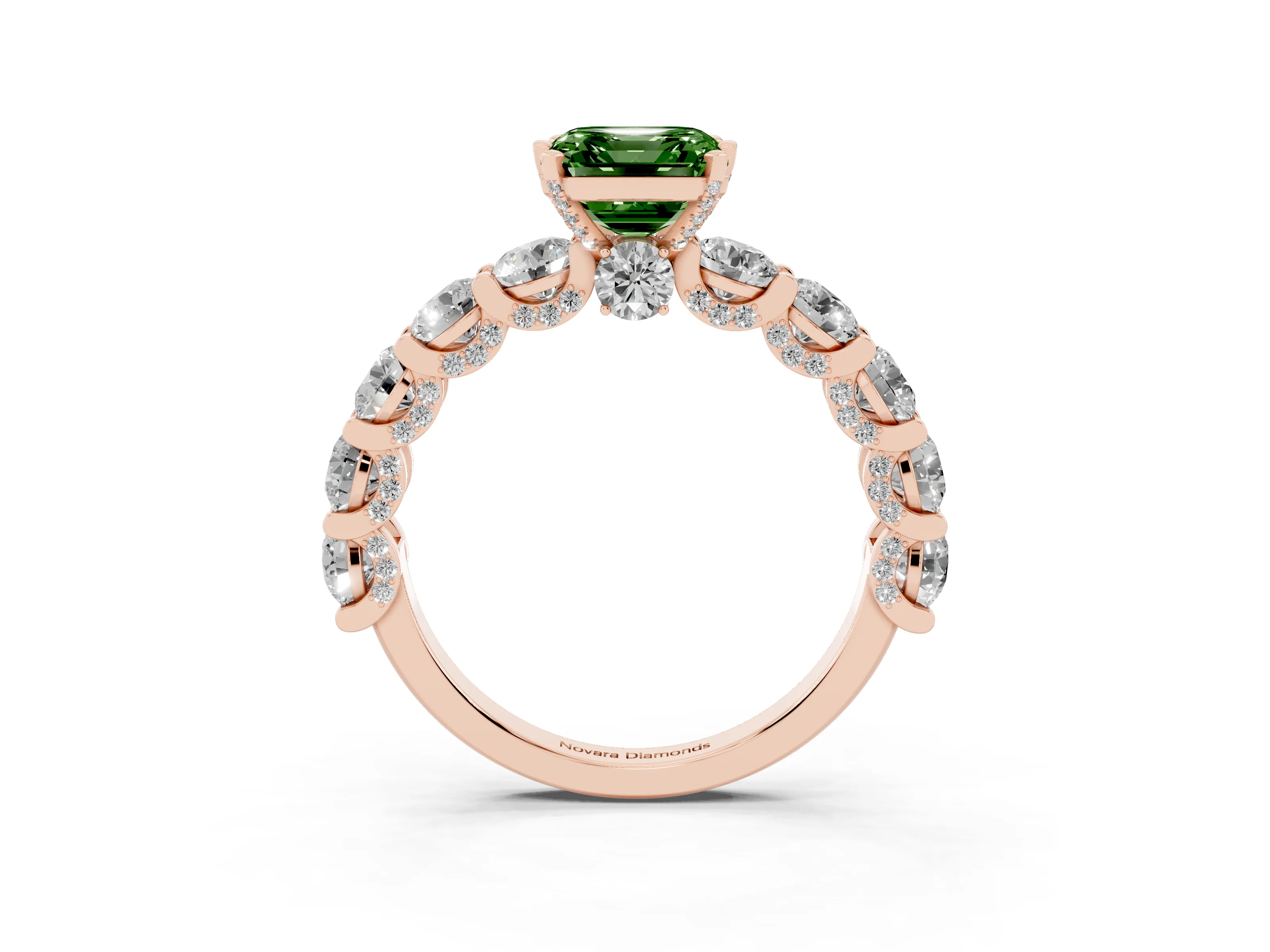 Fancy Green Asscher Cut Diamond Side Stone Ring Set in Rose gold with Alternating Round and Oval Side Stones