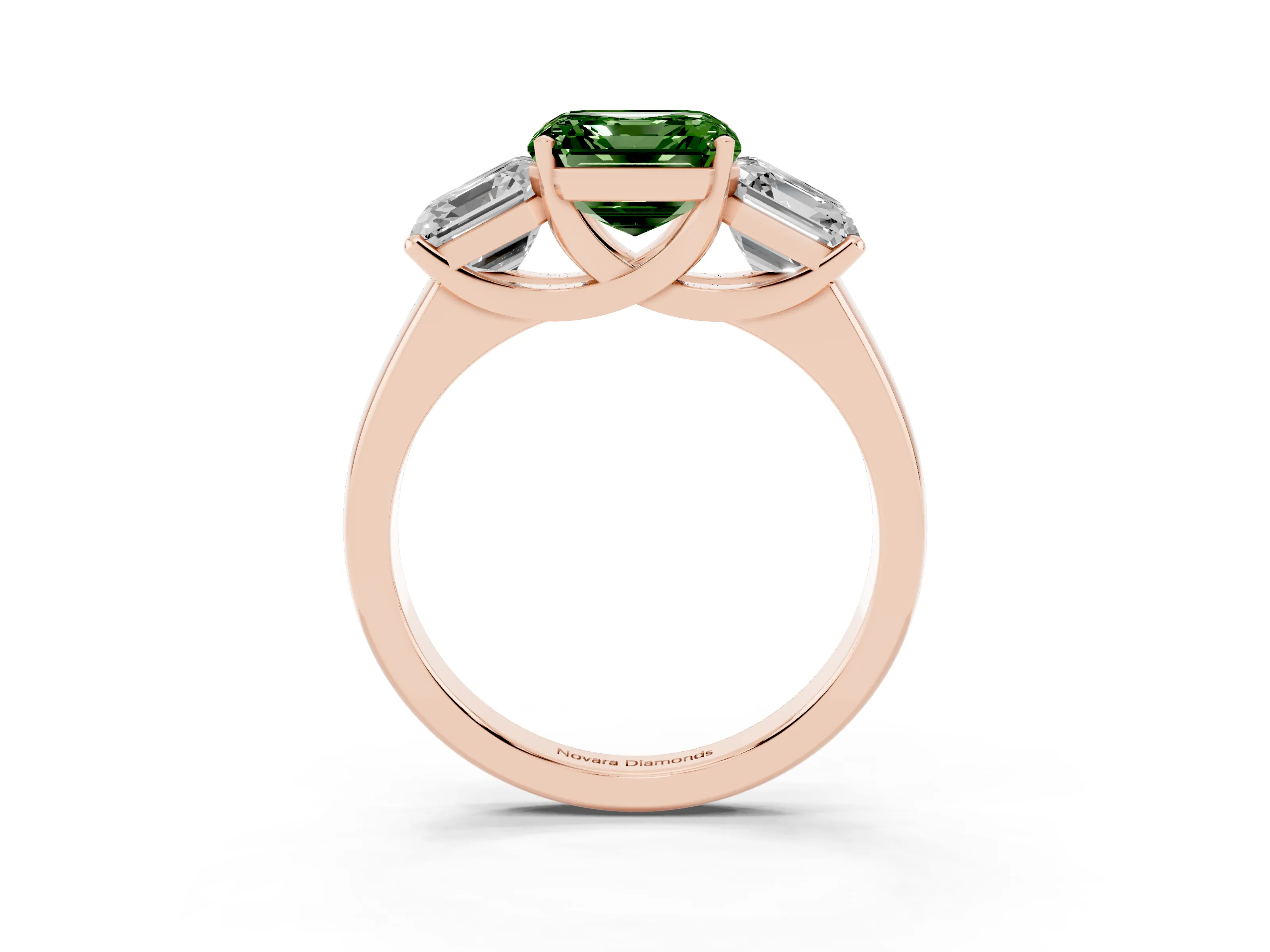 Fancy Green Asscher Cut Diamond Three-Stone Ring Set in Rose gold with Classic Prong Setting and Plain Band