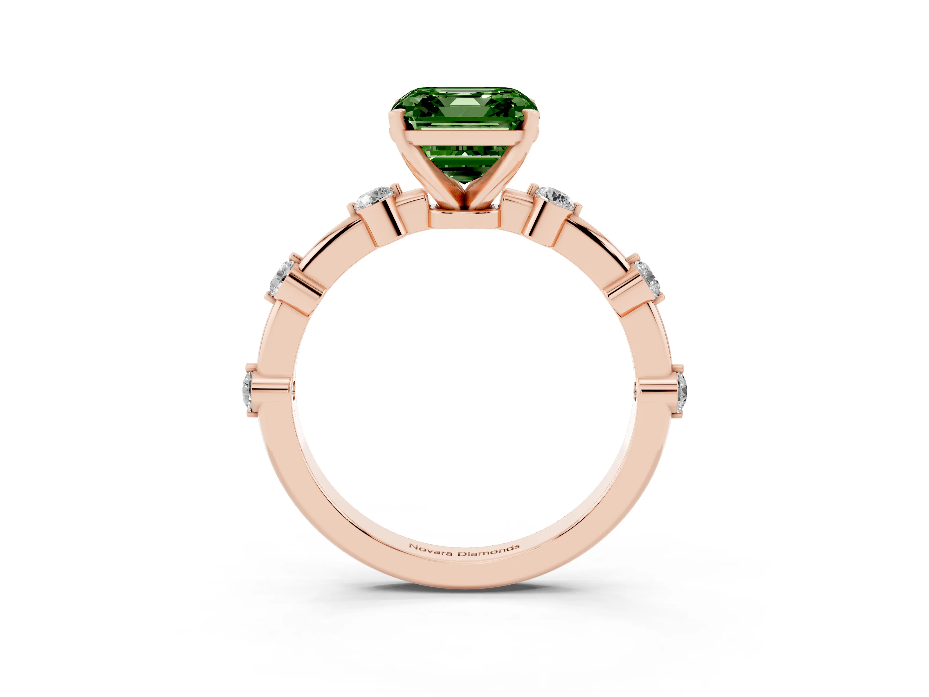 Fancy Green Asscher Cut Diamond Solitaire Ring Set in Rose gold with Bezel Set Side Stones and Prong Setting