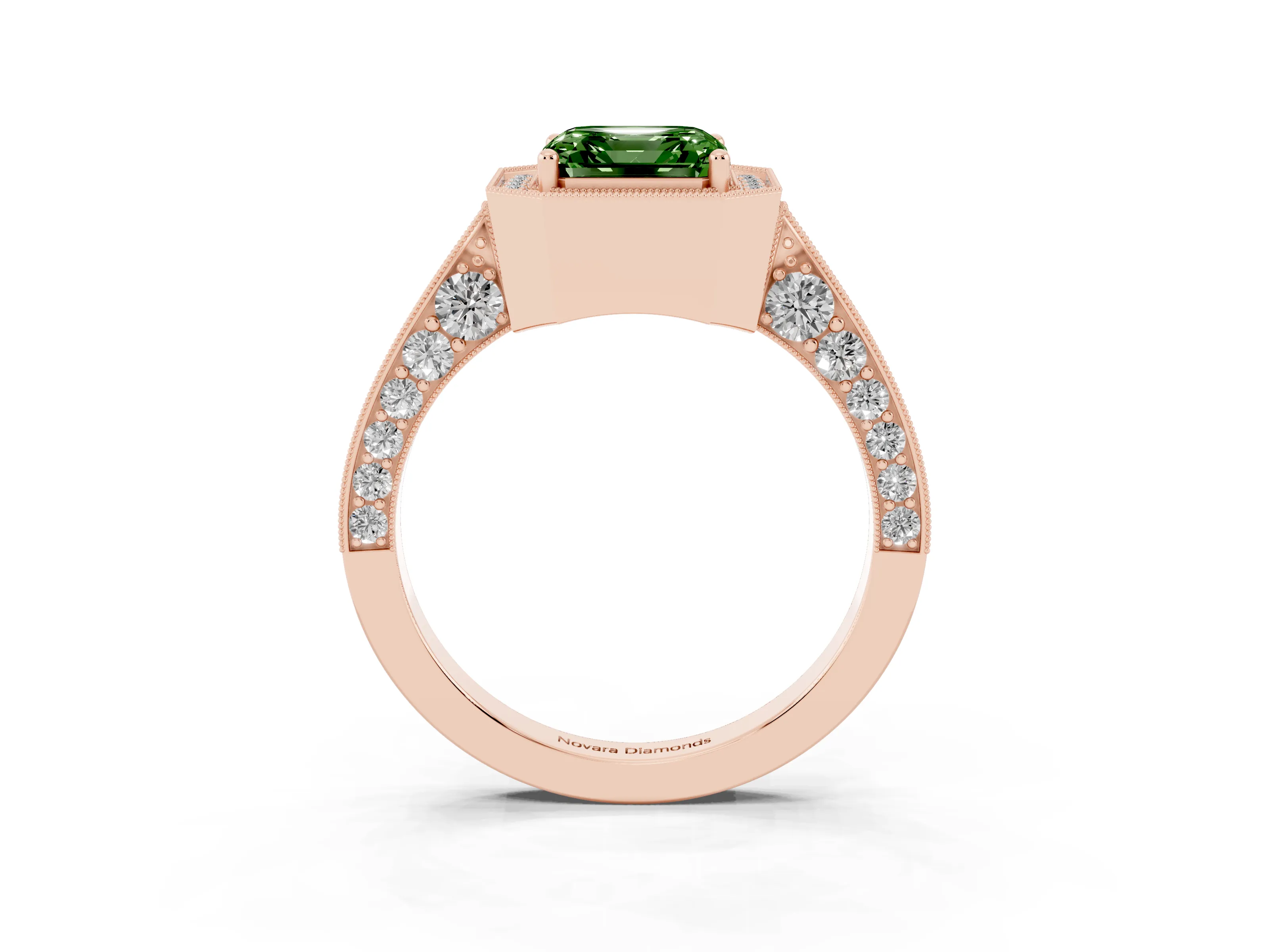 Fancy Green Asscher Cut Diamond Halo Engagement Ring Set in Rose gold with Accent Split Shank Band