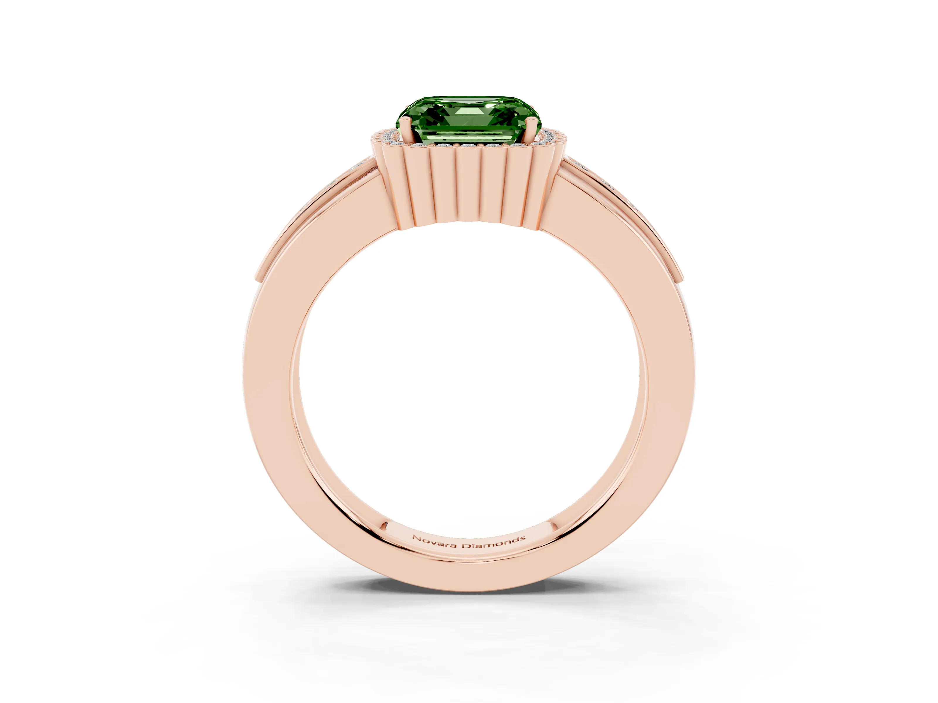 Fancy Green Asscher Cut Diamond Halo Prong Ring Set in Rose gold with Pavé Band