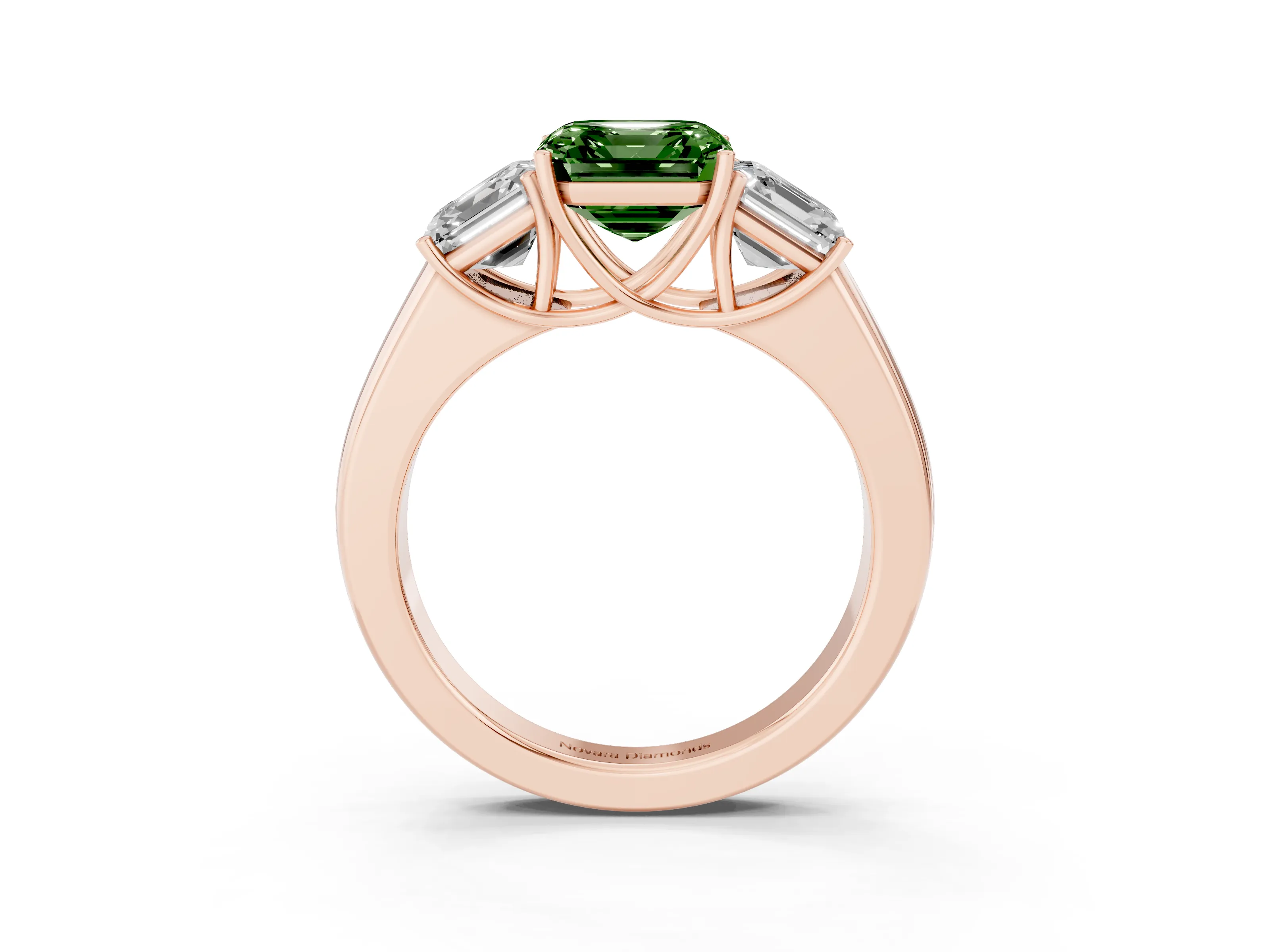 Fancy Green Three-Stone Asscher Cut Diamond Ring Set in Rose gold with Matching Prong Settings and Plain Band