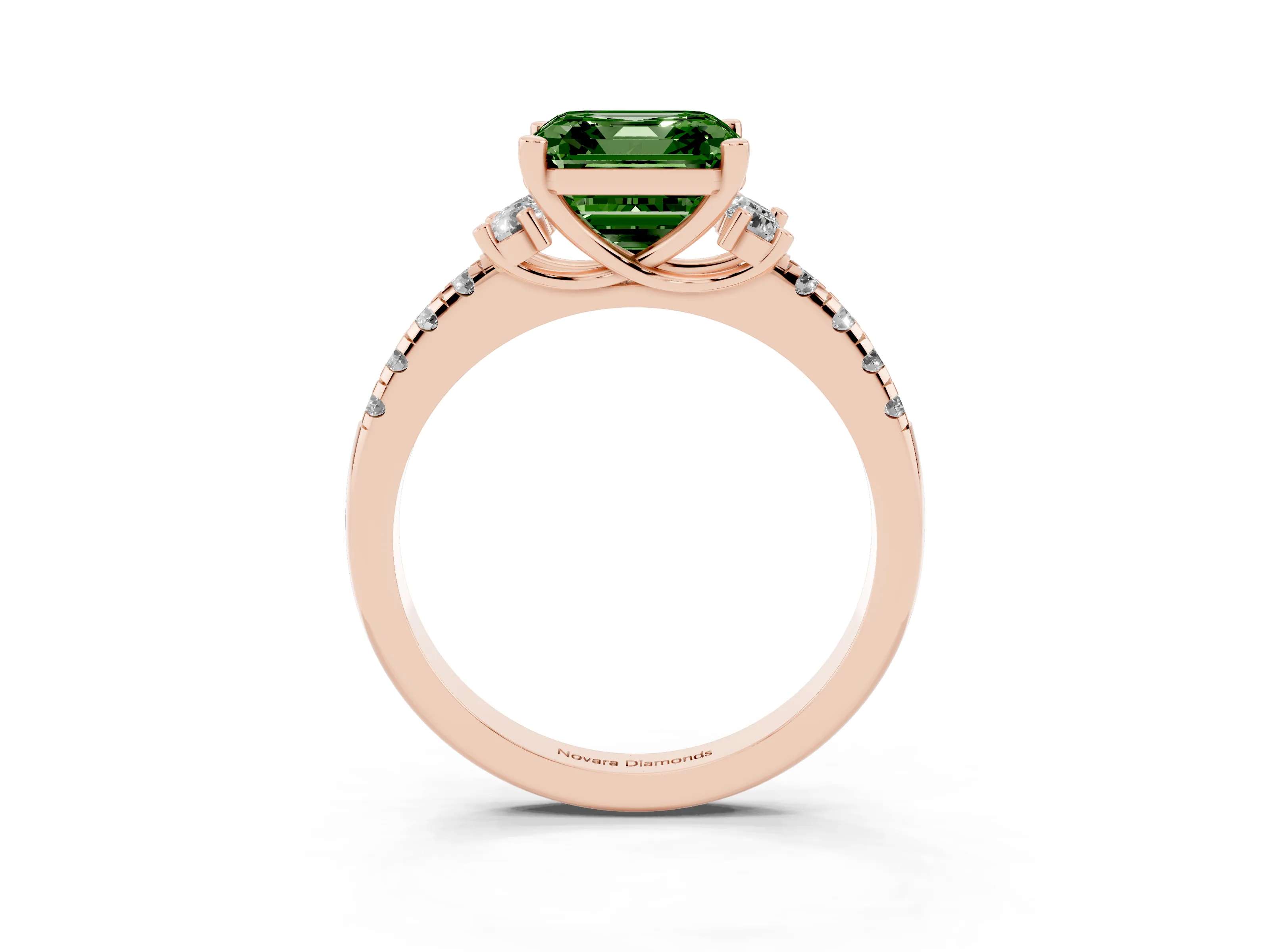 Fancy Green Asscher Cut Diamond Three-Stone Pavé Ring Set in Rose gold with Prong Setting