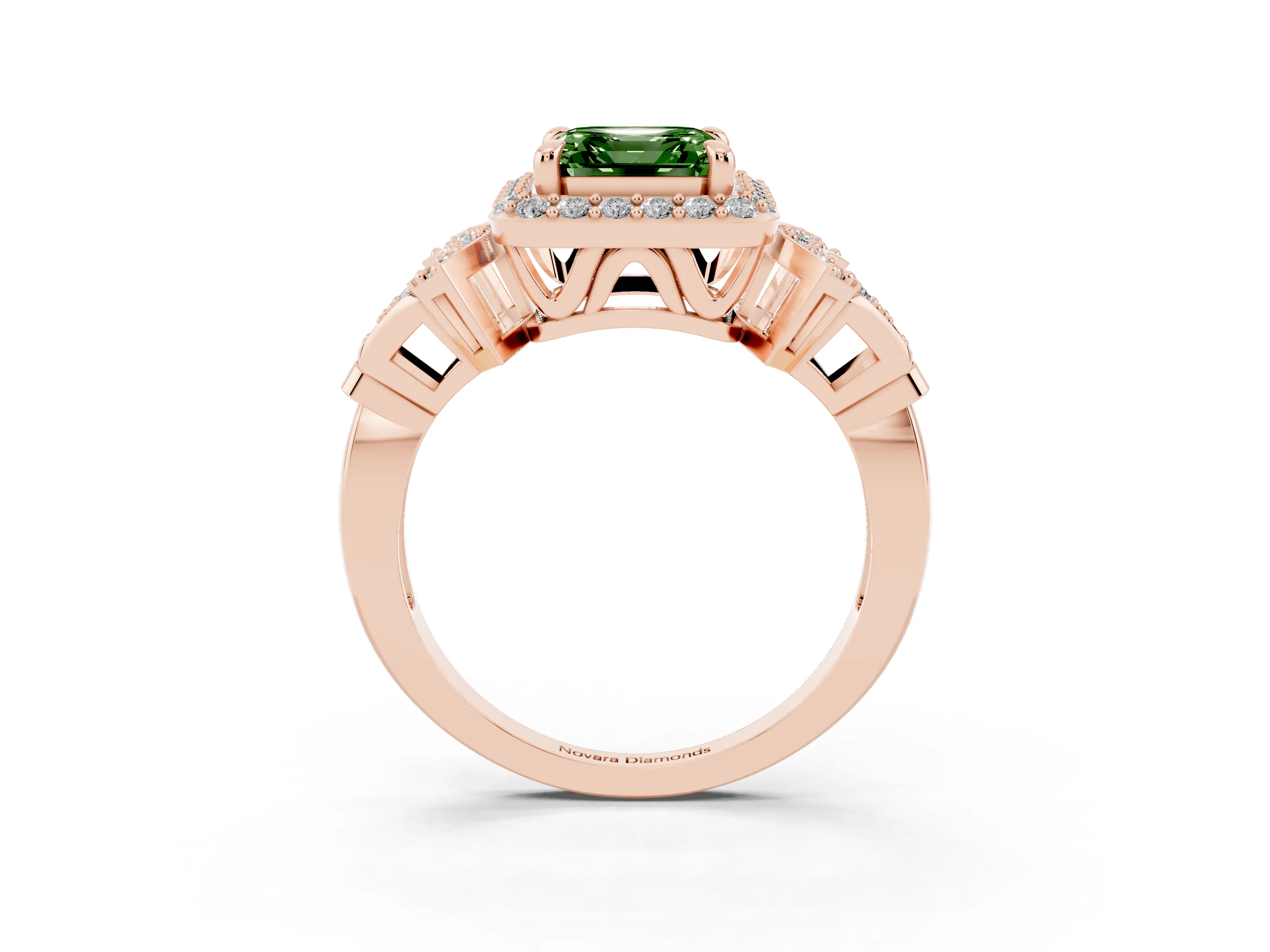 Fancy Green Asscher Cut Diamond Halo Engagement Ring Set in Rose gold with Accent Stone Split Shank