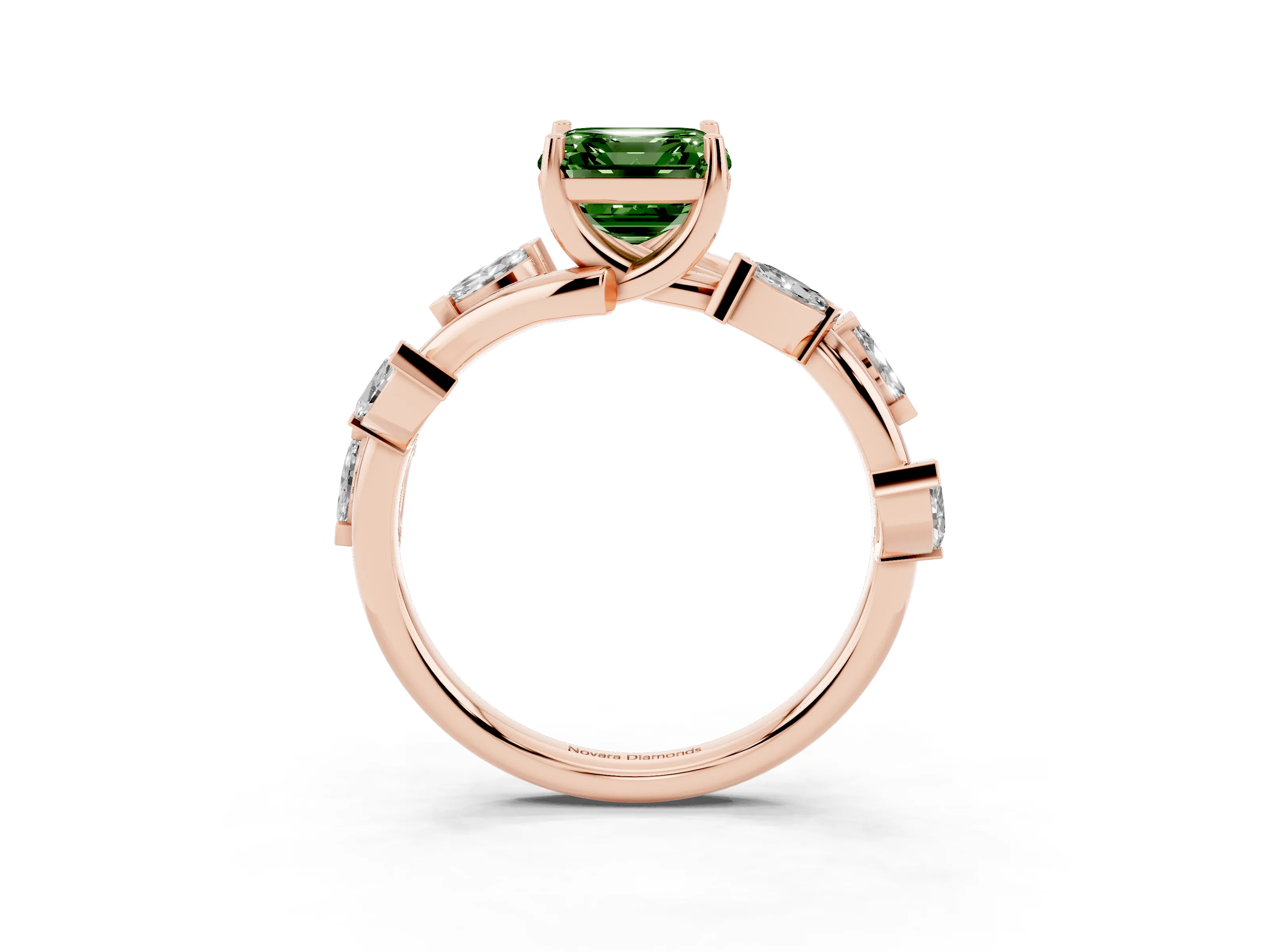Fancy Green Asscher Cut Diamond Solitaire Ring Set in Rose gold with Twisted Marquise Accent Band