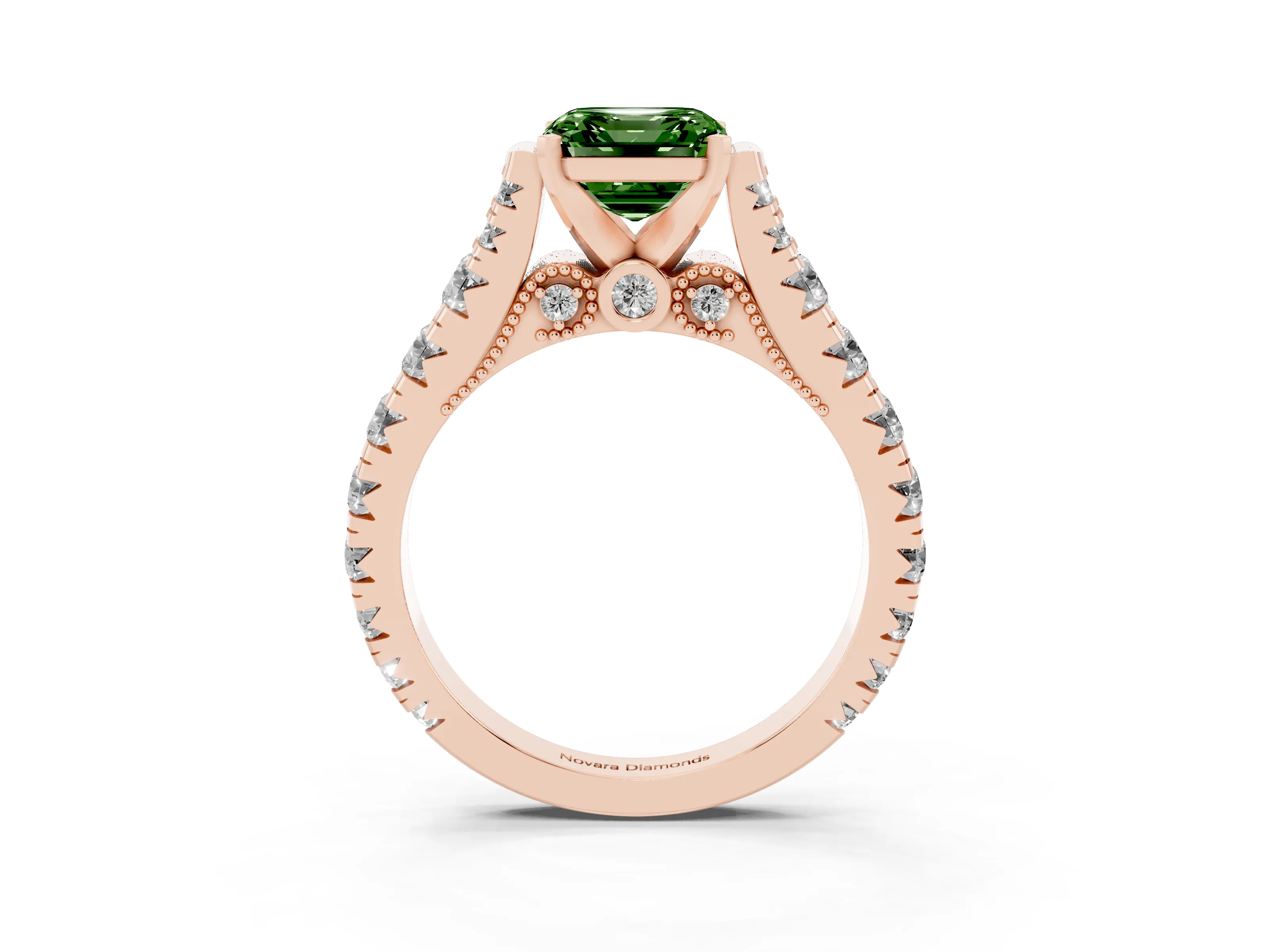 Fancy Green Asscher Cut Diamond Classic Solitaire Ring Set in Rose gold with Pavé Band and Prong Setting